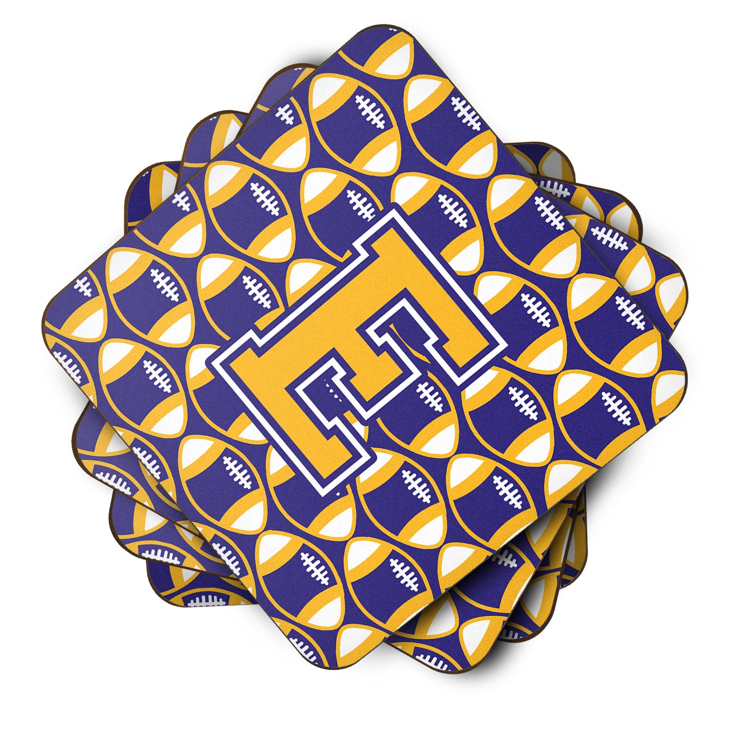 Letter E Football Purple and Gold Foam Coaster Set of 4 CJ1064-EFC - the-store.com