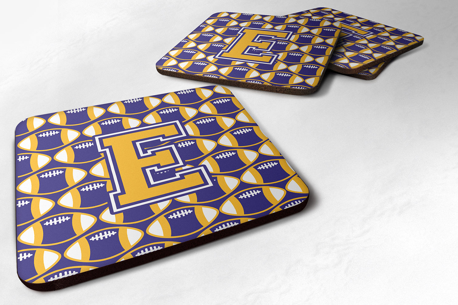 Letter E Football Purple and Gold Foam Coaster Set of 4 CJ1064-EFC - the-store.com