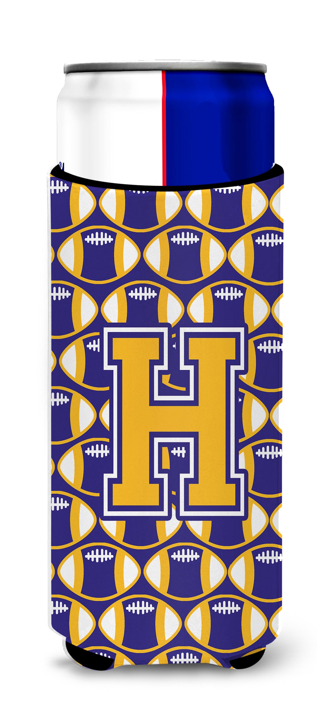 Letter H Football Purple and Gold Ultra Beverage Insulators for slim cans CJ1064-HMUK.