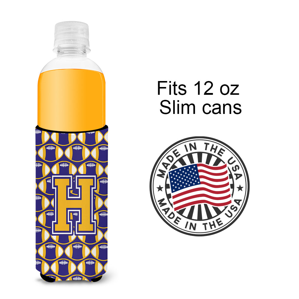 Letter H Football Purple and Gold Ultra Beverage Insulators for slim cans CJ1064-HMUK.