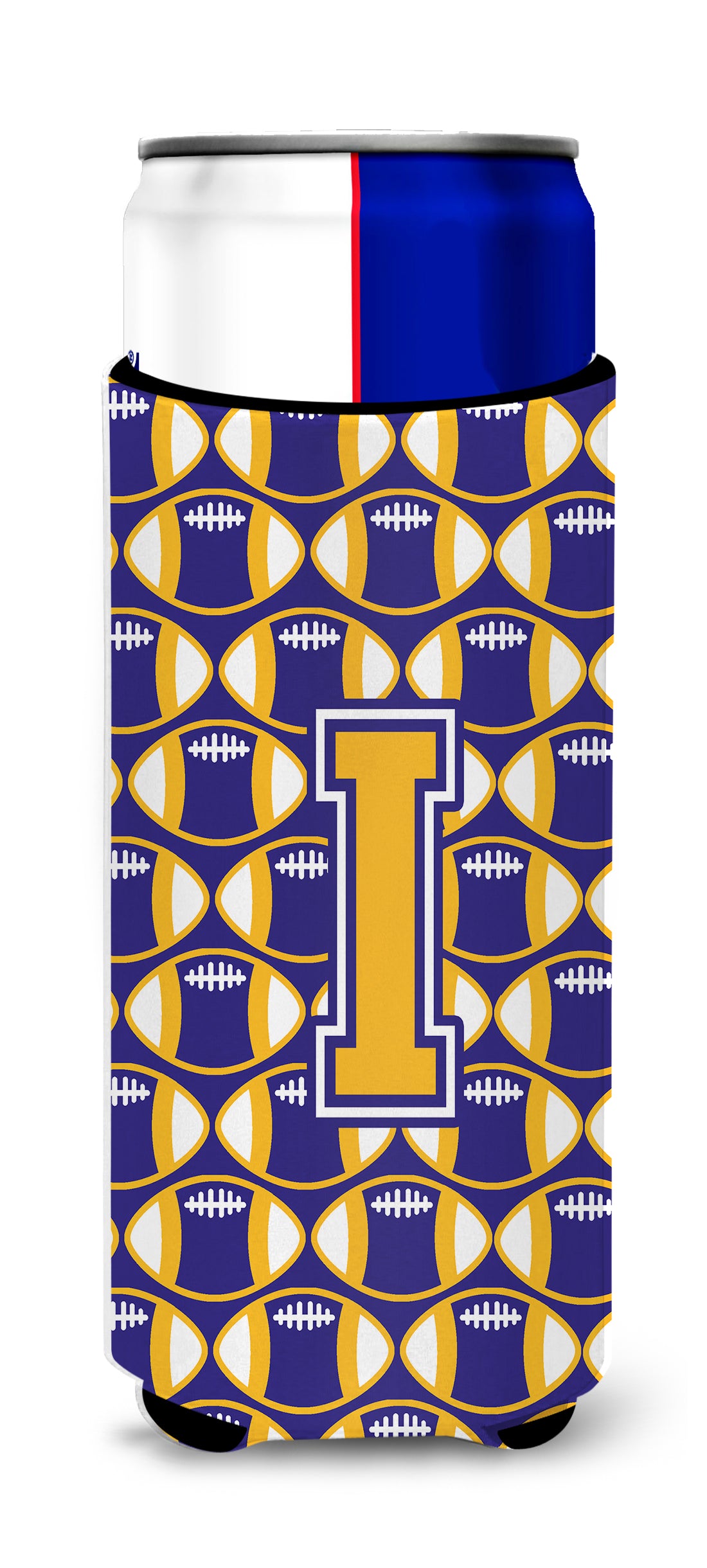 Letter I Football Purple and Gold Ultra Beverage Insulators for slim cans CJ1064-IMUK.