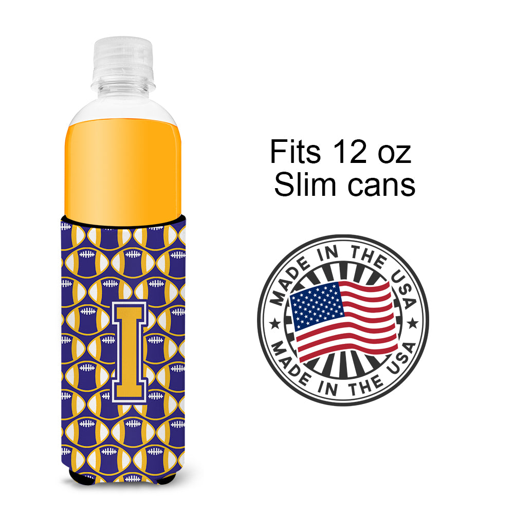 Letter I Football Purple and Gold Ultra Beverage Insulators for slim cans CJ1064-IMUK.