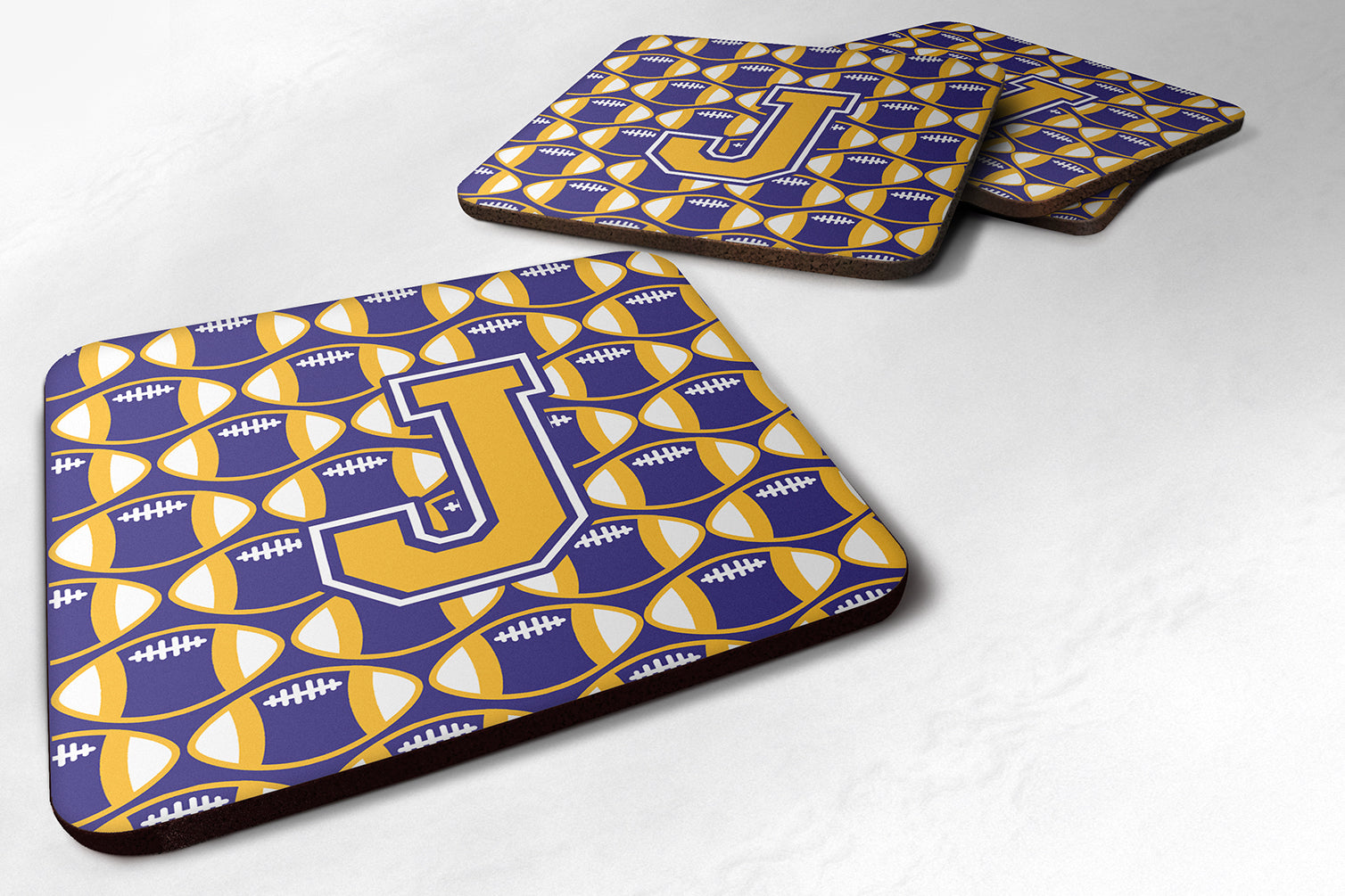 Letter J Football Purple and Gold Foam Coaster Set of 4 CJ1064-JFC - the-store.com