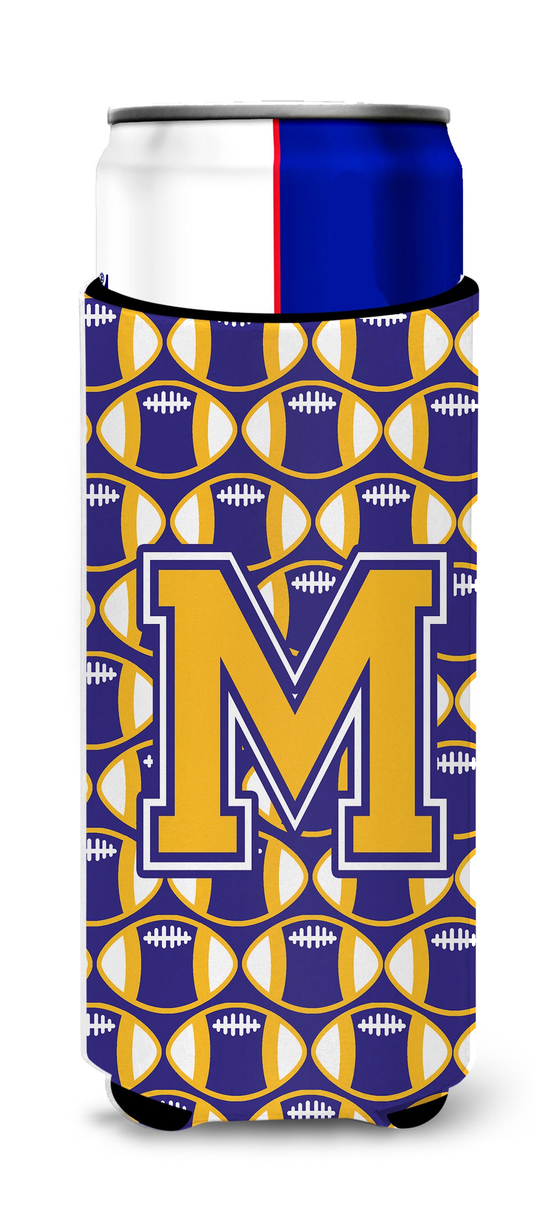 Letter M Football Purple and Gold Ultra Beverage Insulators for slim cans CJ1064-MMUK.