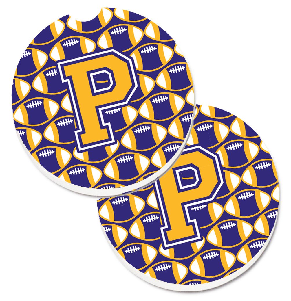 Letter P Football Purple and Gold Set of 2 Cup Holder Car Coasters CJ1064-PCARC by Caroline&#39;s Treasures