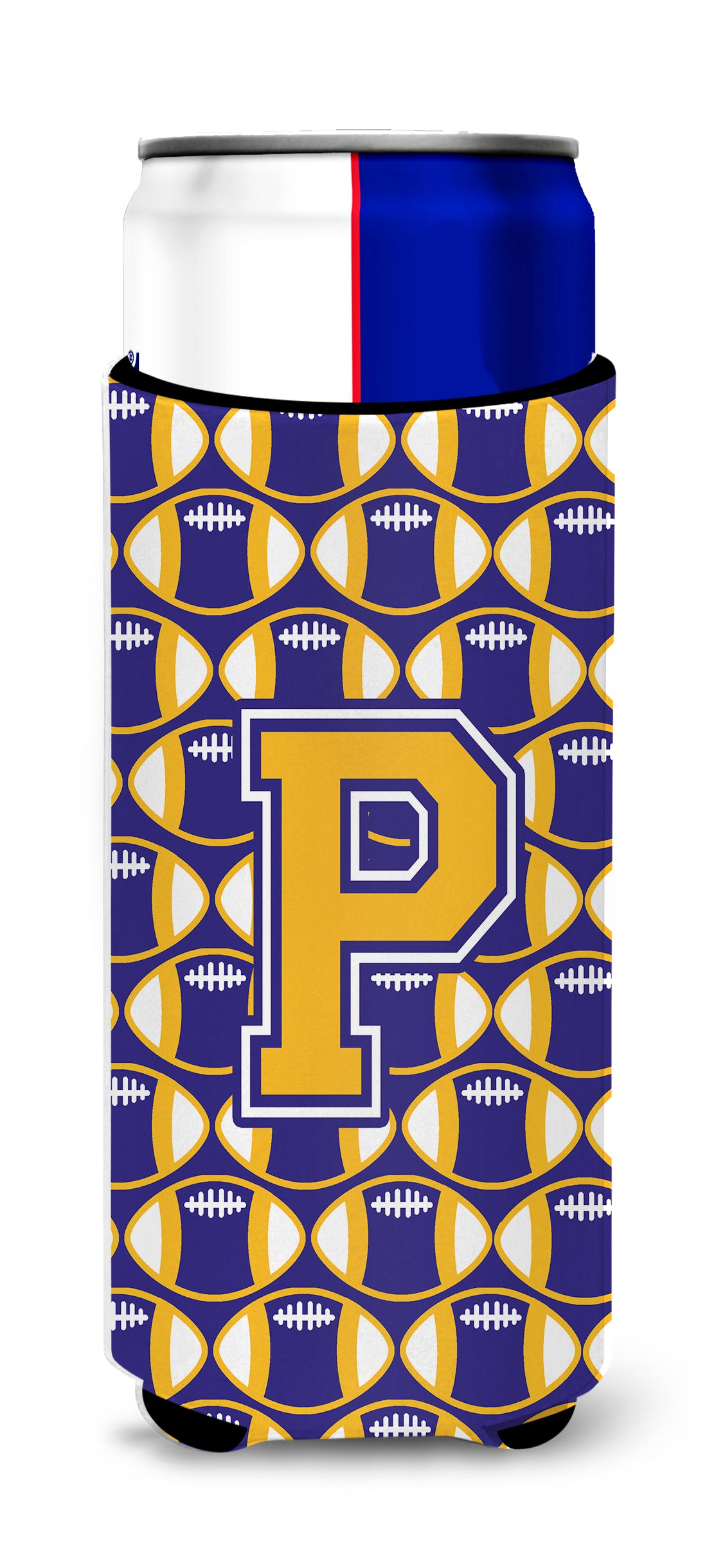 Letter P Football Purple and Gold Ultra Beverage Insulators for slim cans CJ1064-PMUK.