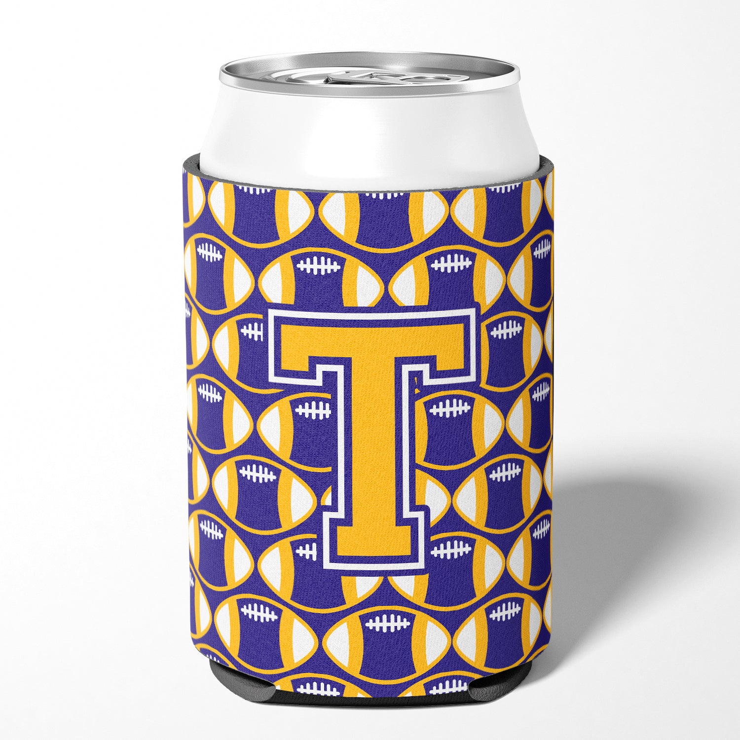 Letter T Football Purple and Gold Can or Bottle Hugger CJ1064-TCC.