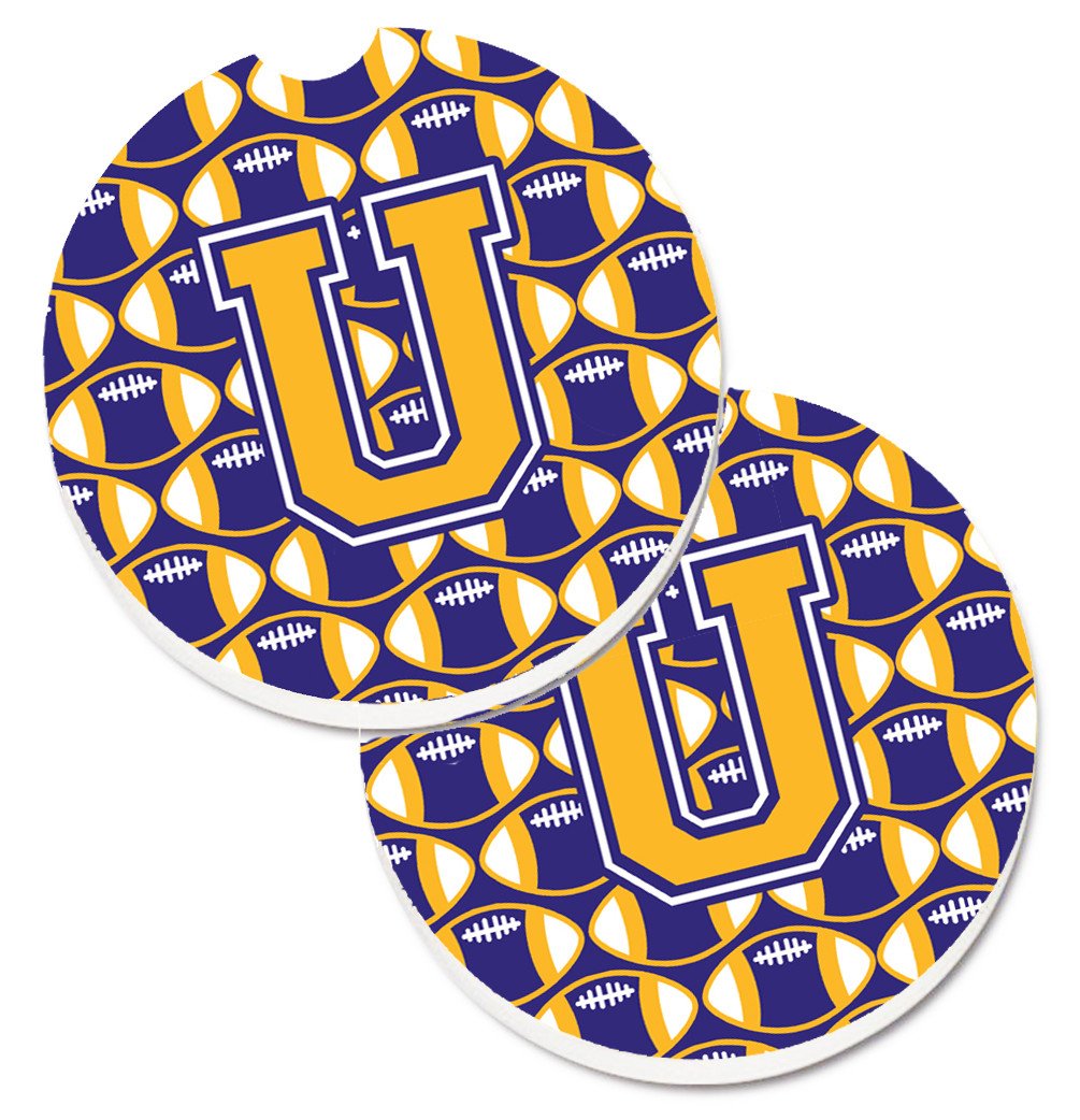 Letter U Football Purple and Gold Set of 2 Cup Holder Car Coasters CJ1064-UCARC by Caroline's Treasures