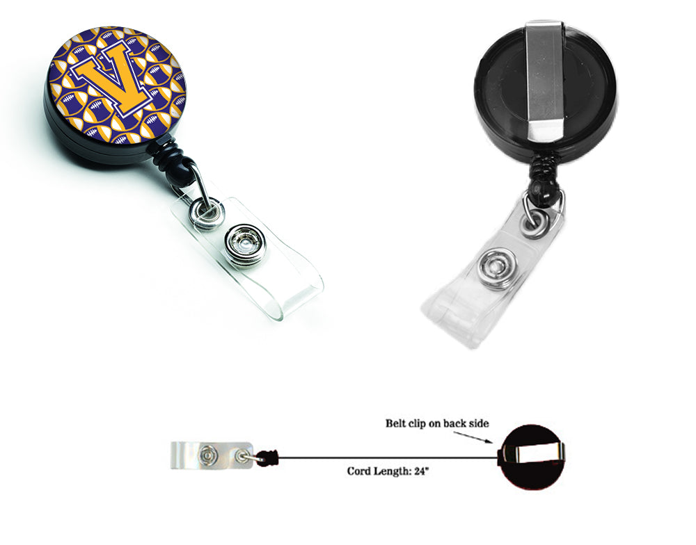 Letter V Football Purple and Gold Retractable Badge Reel CJ1064-VBR.