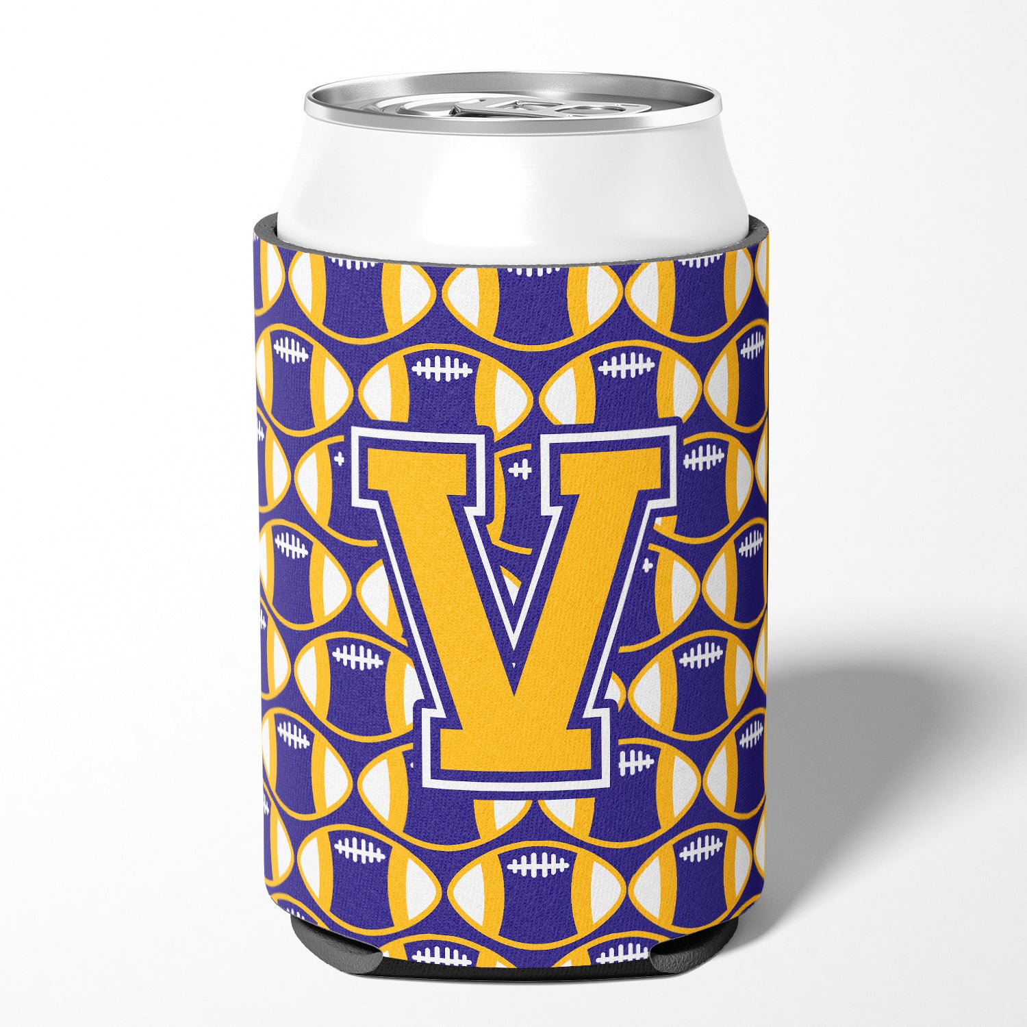 Letter V Football Purple and Gold Can or Bottle Hugger CJ1064-VCC.