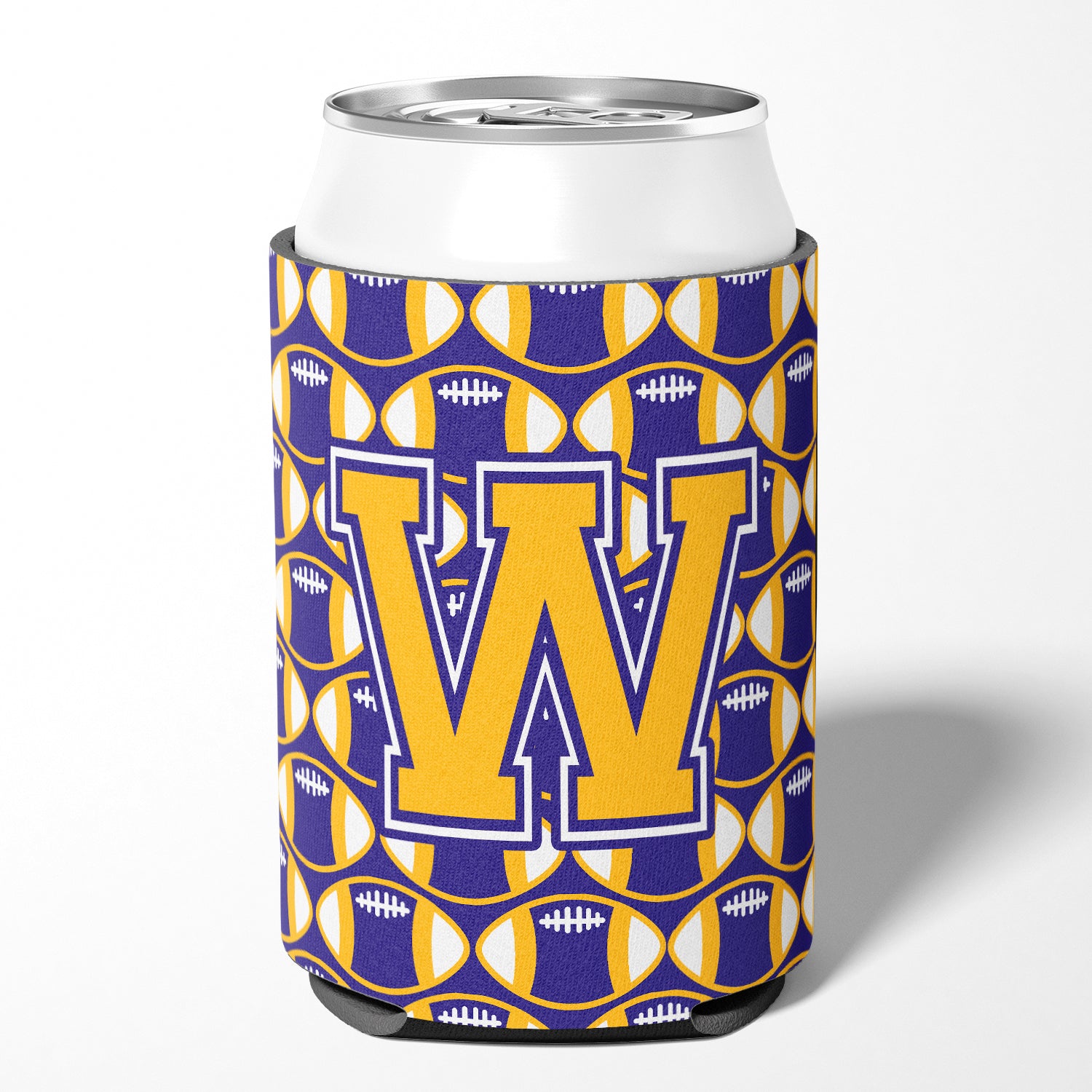 Letter W Football Purple and Gold Can or Bottle Hugger CJ1064-WCC.