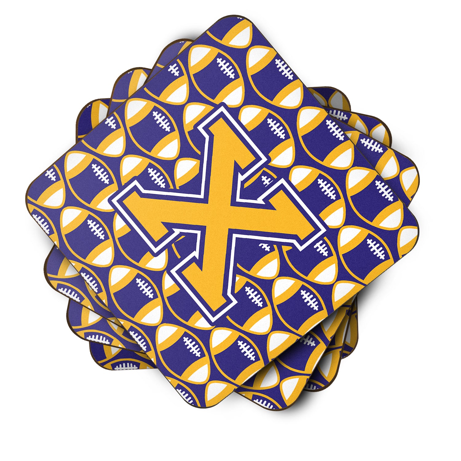 Letter X Football Purple and Gold Foam Coaster Set of 4 CJ1064-XFC - the-store.com