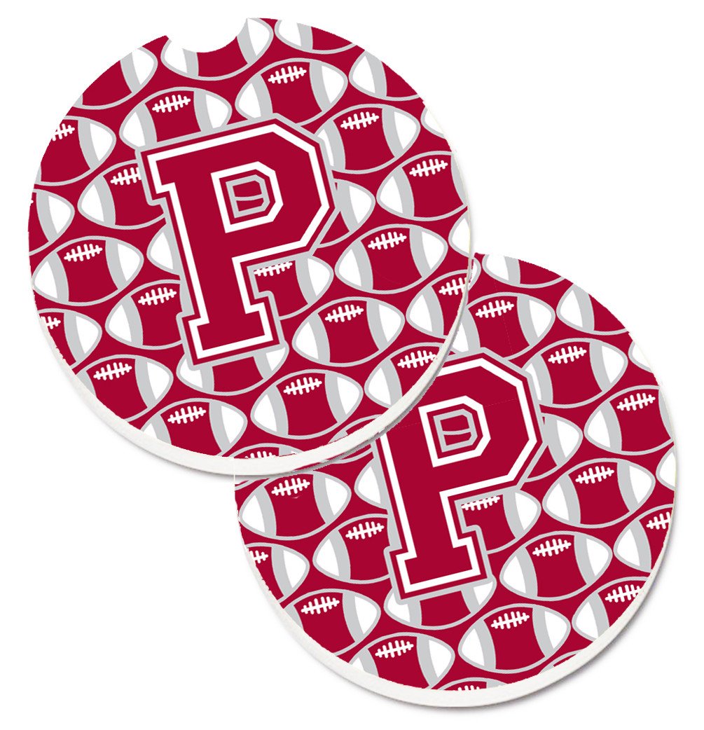 Letter P Football Crimson, grey and white Set of 2 Cup Holder Car Coasters CJ1065-PCARC by Caroline&#39;s Treasures