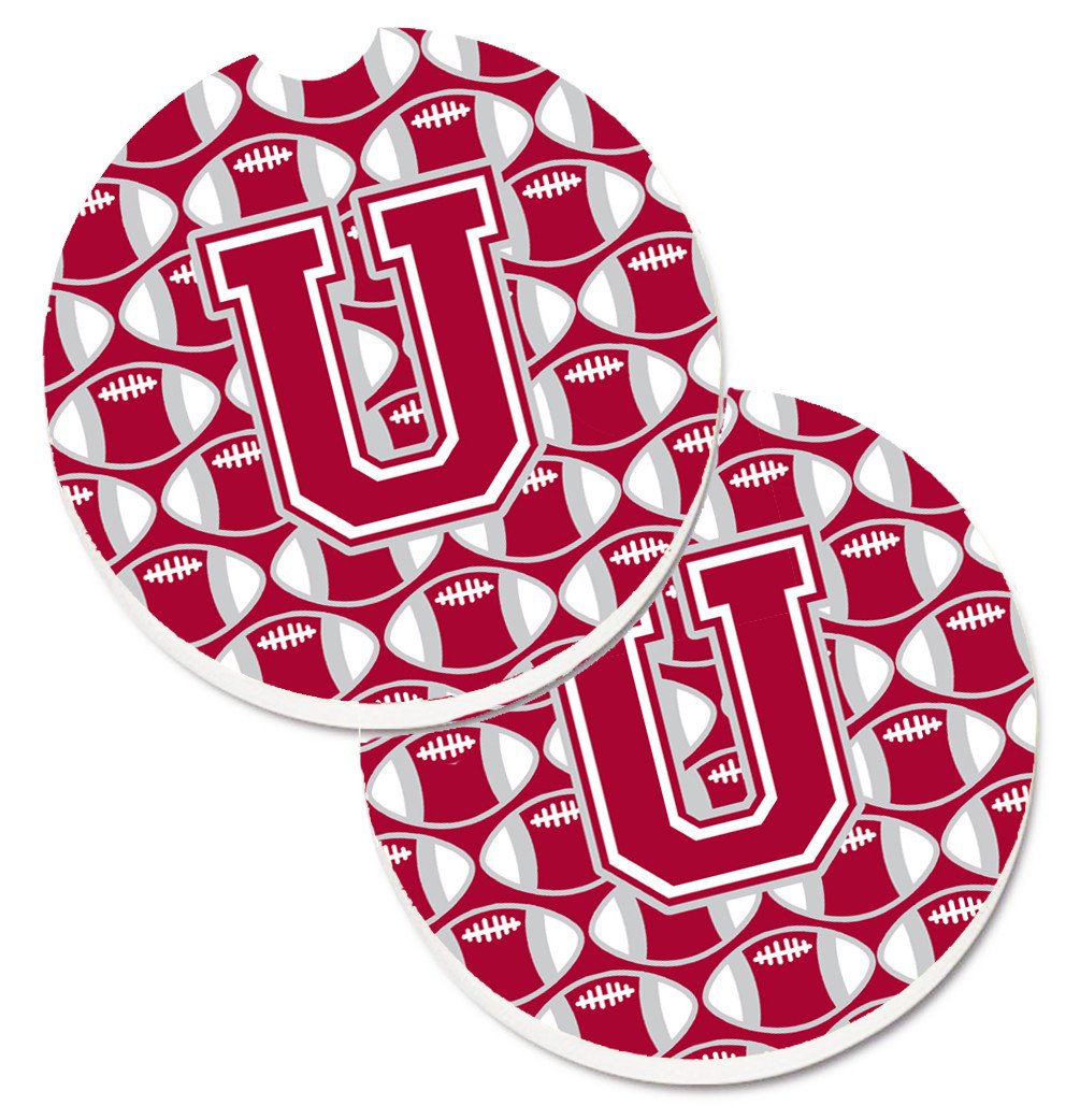 Letter U Football Crimson, grey and white Set of 2 Cup Holder Car Coasters CJ1065-UCARC by Caroline's Treasures