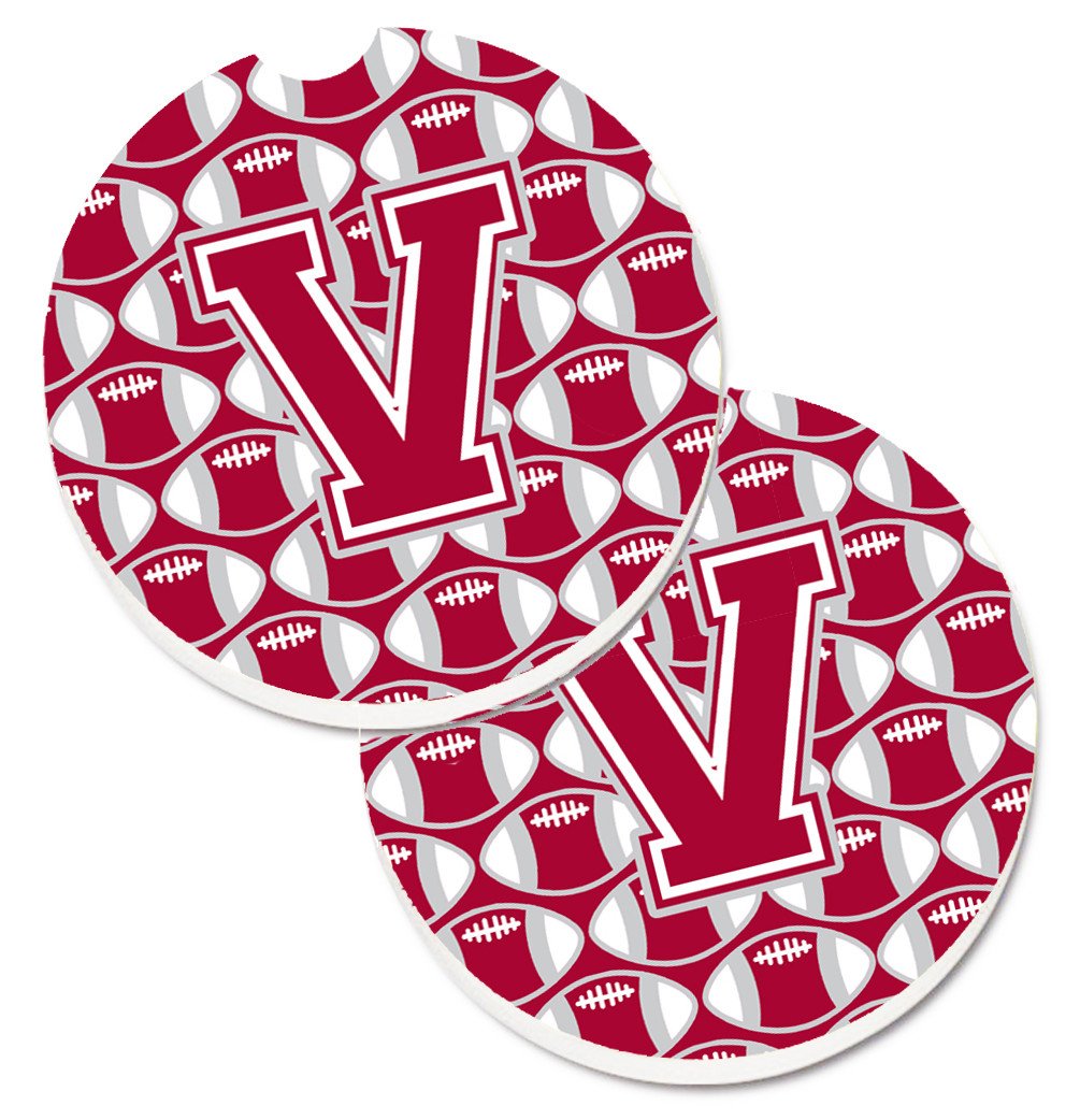 Letter V Football Crimson, grey and white Set of 2 Cup Holder Car Coasters CJ1065-VCARC by Caroline's Treasures