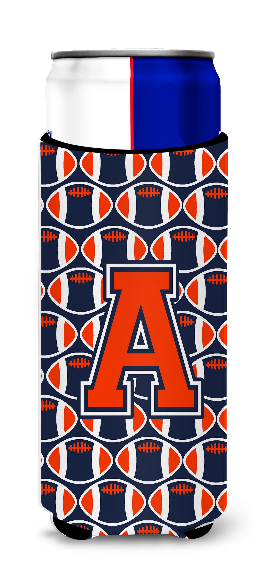 Letter A Football Orange, Blue and white Ultra Beverage Insulators for slim cans CJ1066-AMUK.