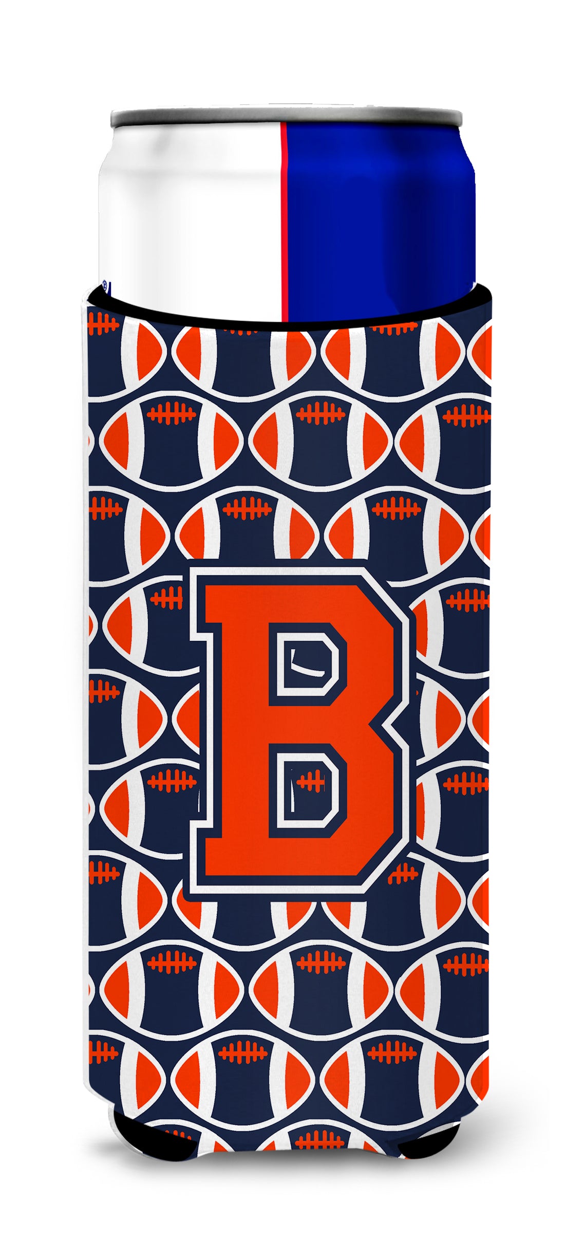 Letter B Football Orange, Blue and white Ultra Beverage Insulators for slim cans CJ1066-BMUK.