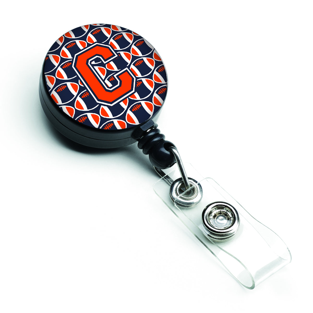 Letter C Football Orange, Blue and white Retractable Badge Reel CJ1066-CBR.