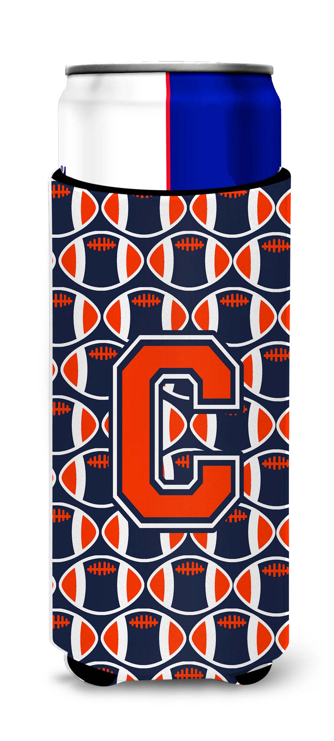 Letter C Football Orange, Blue and white Ultra Beverage Insulators for slim cans CJ1066-CMUK.