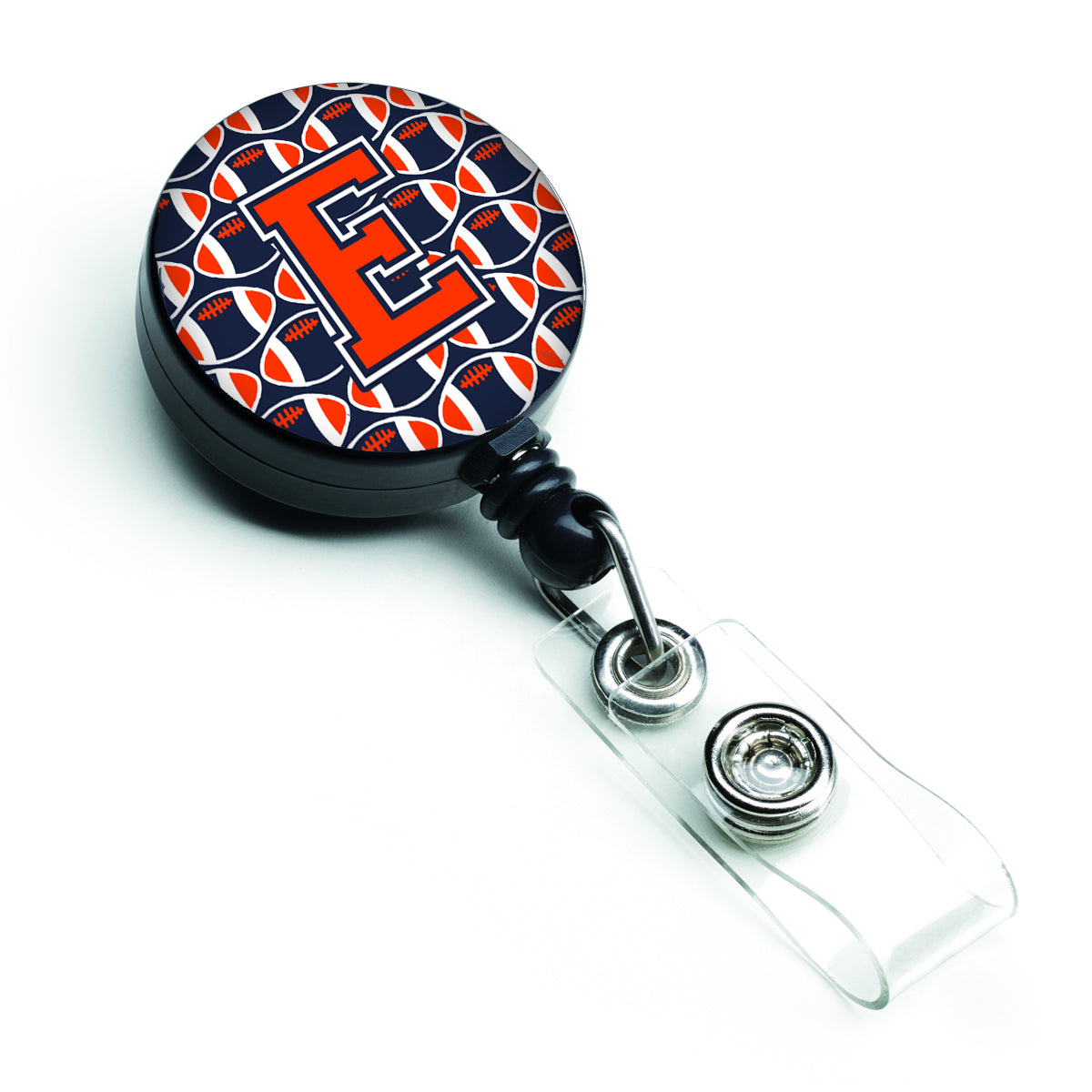 Letter E Football Orange, Blue and white Retractable Badge Reel CJ1066-EBR.