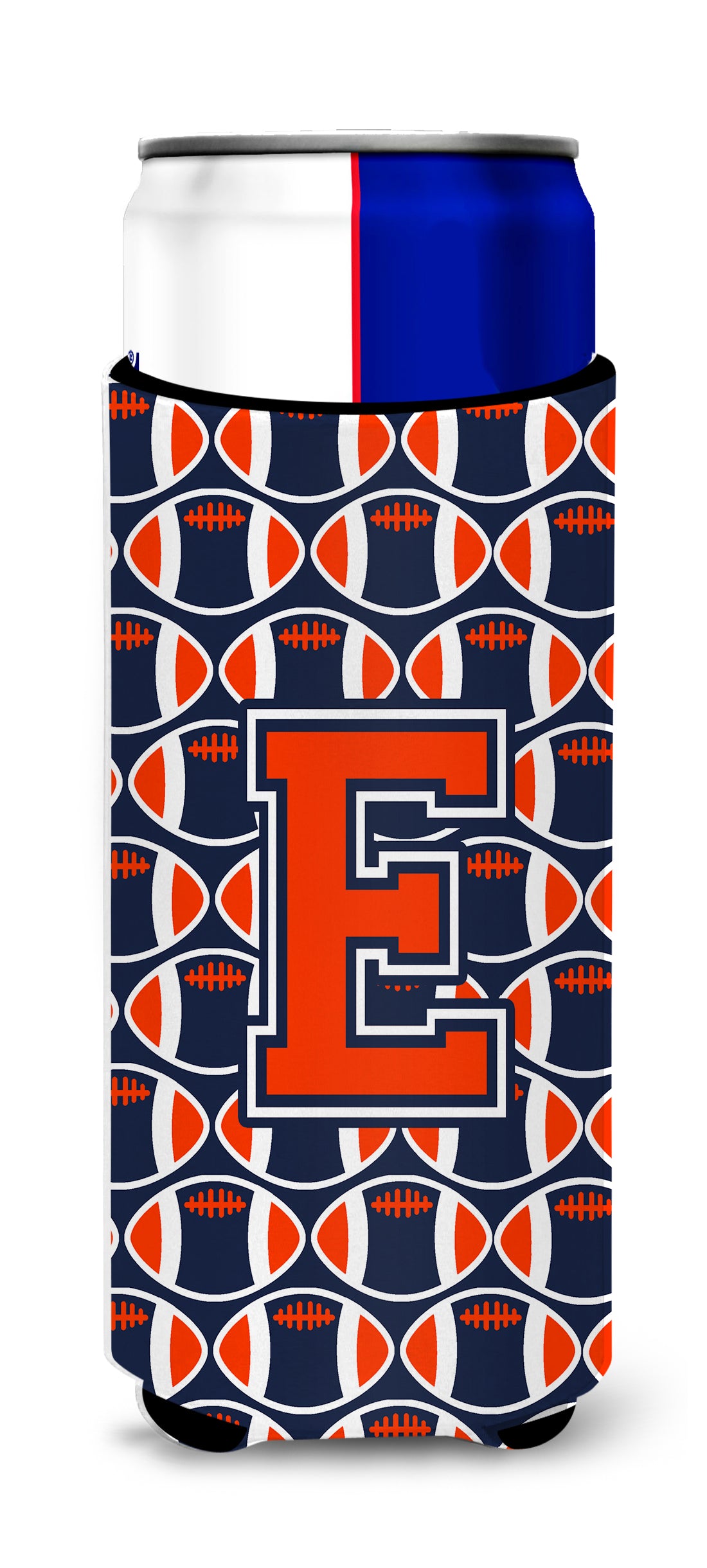 Letter E Football Orange, Blue and white Ultra Beverage Insulators for slim cans CJ1066-EMUK.