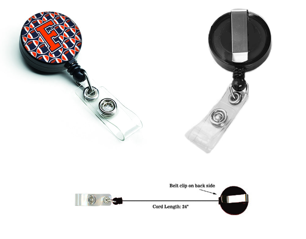 Letter F Football Orange, Blue and white Retractable Badge Reel CJ1066-FBR.