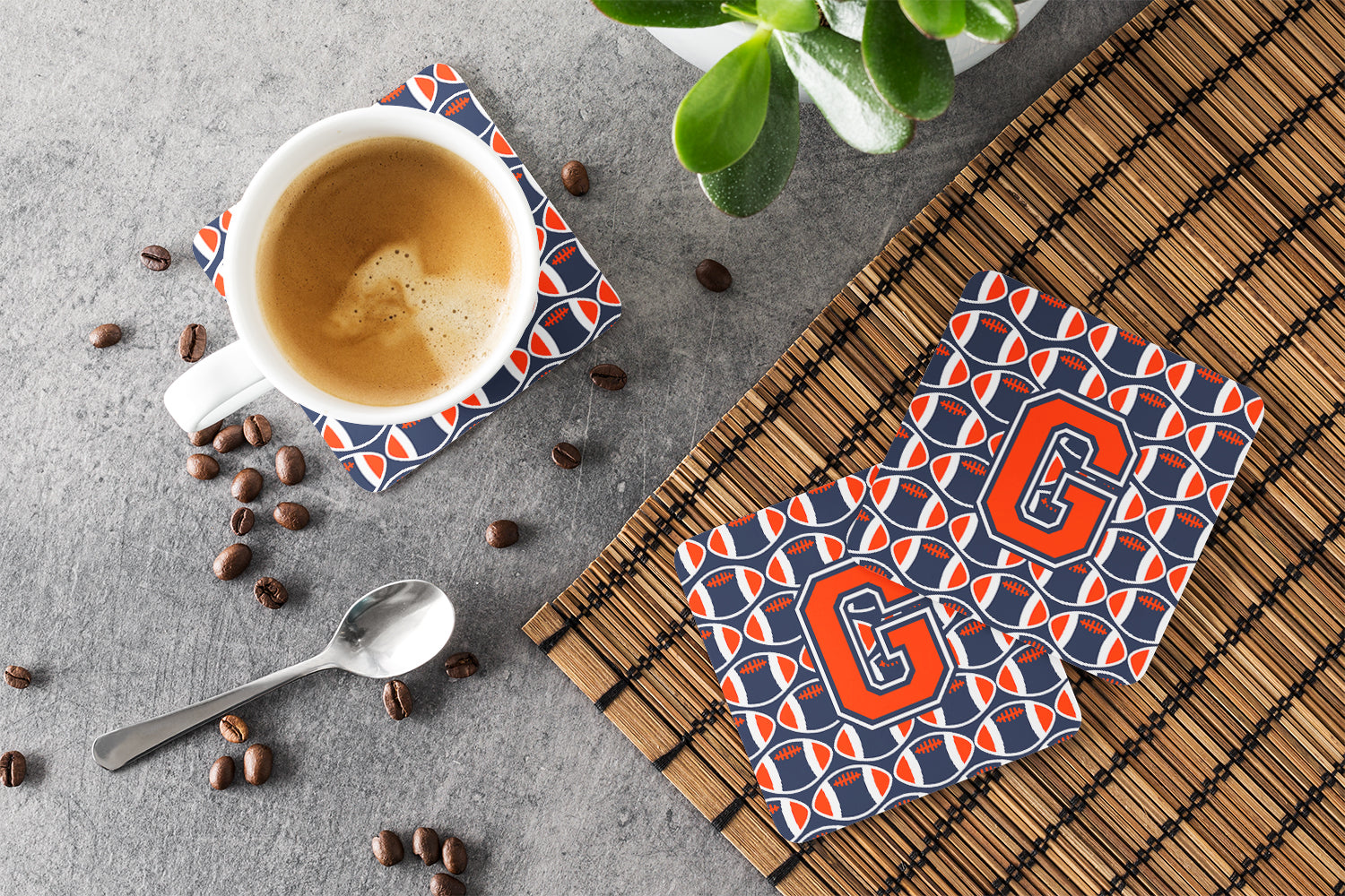 Letter G Football Orange, Blue and white Foam Coaster Set of 4 CJ1066-GFC - the-store.com