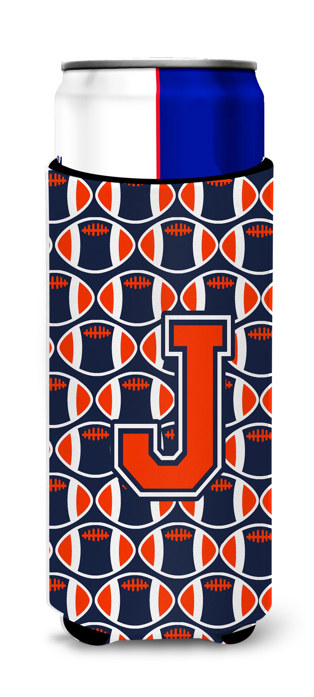 Letter J Football Orange, Blue and white Ultra Beverage Insulators for slim cans CJ1066-JMUK.