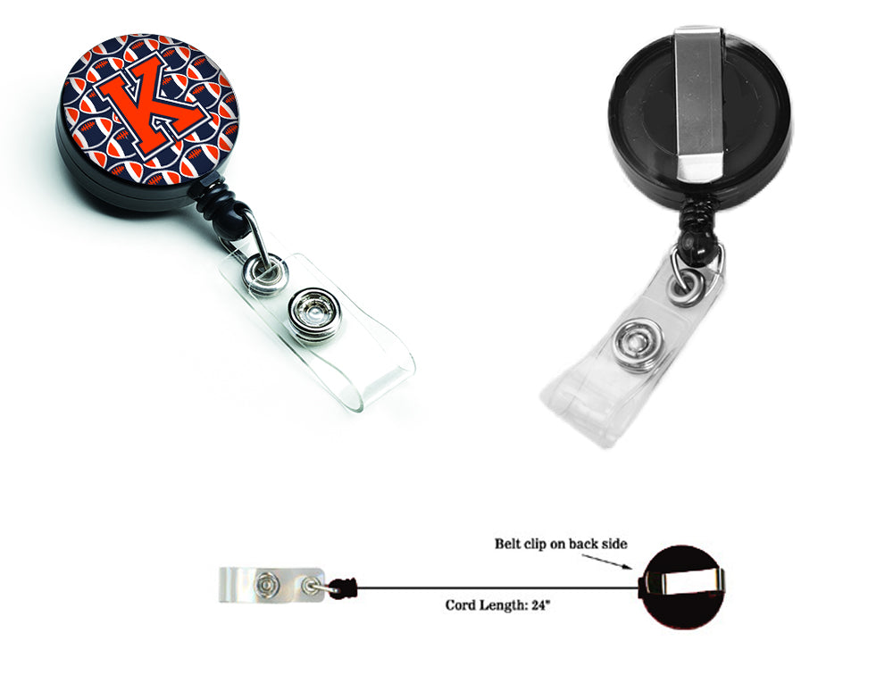 Letter K Football Orange, Blue and white Retractable Badge Reel CJ1066-KBR.