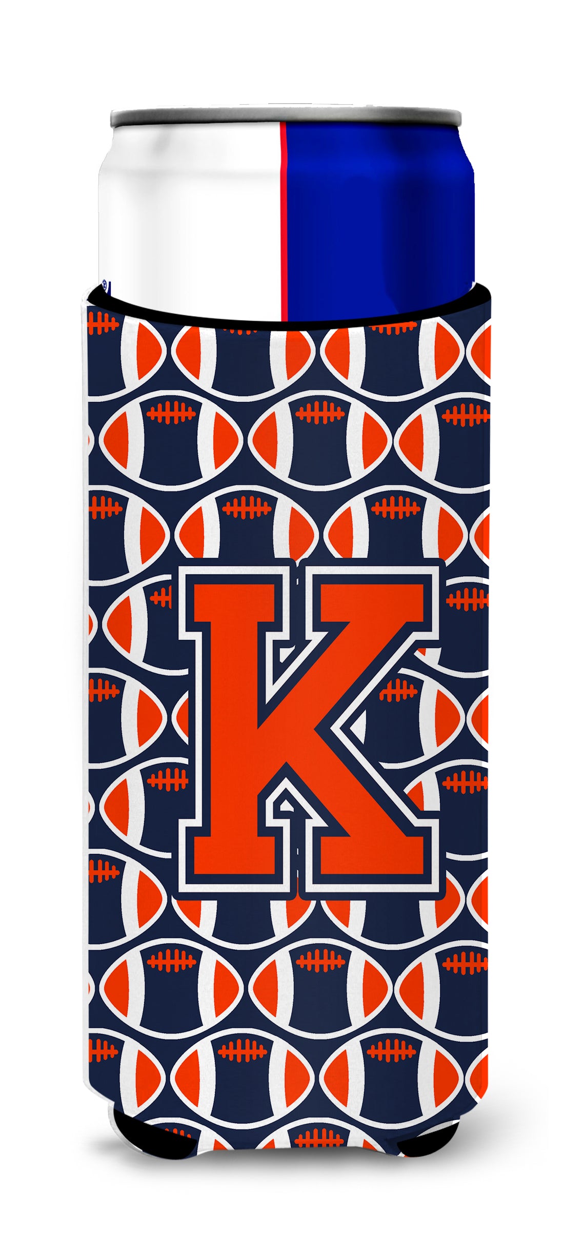 Letter K Football Orange, Blue and white Ultra Beverage Insulators for slim cans CJ1066-KMUK.