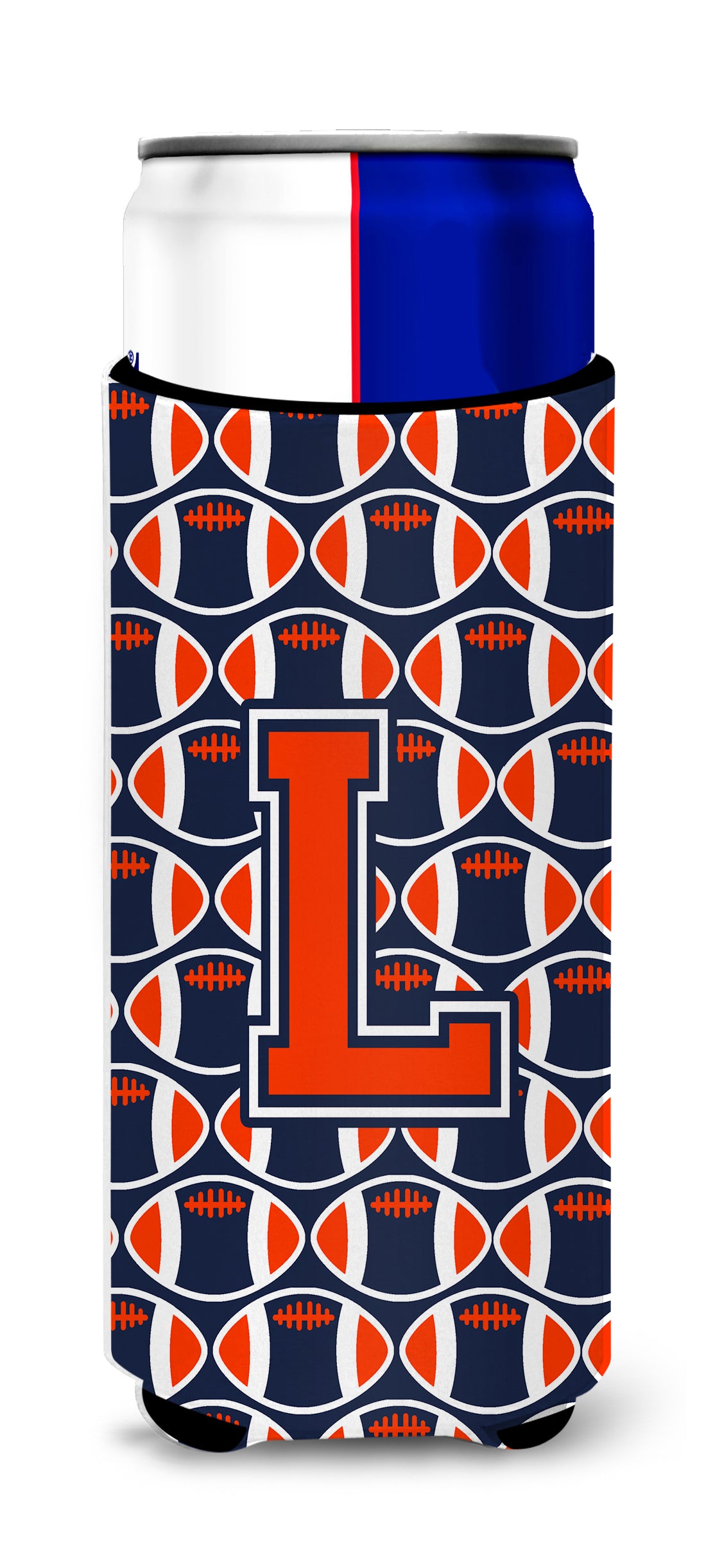 Letter L Football Orange, Blue and white Ultra Beverage Insulators for slim cans CJ1066-LMUK.