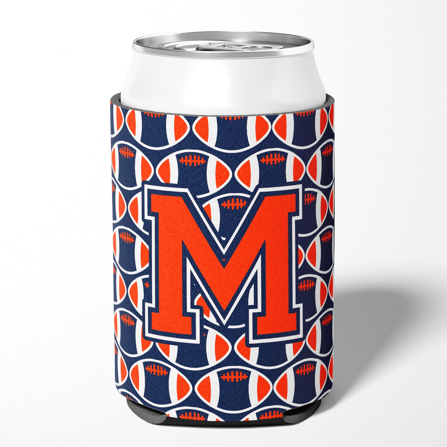 Letter M Football Orange, Blue and white Can or Bottle Hugger CJ1066-MCC.