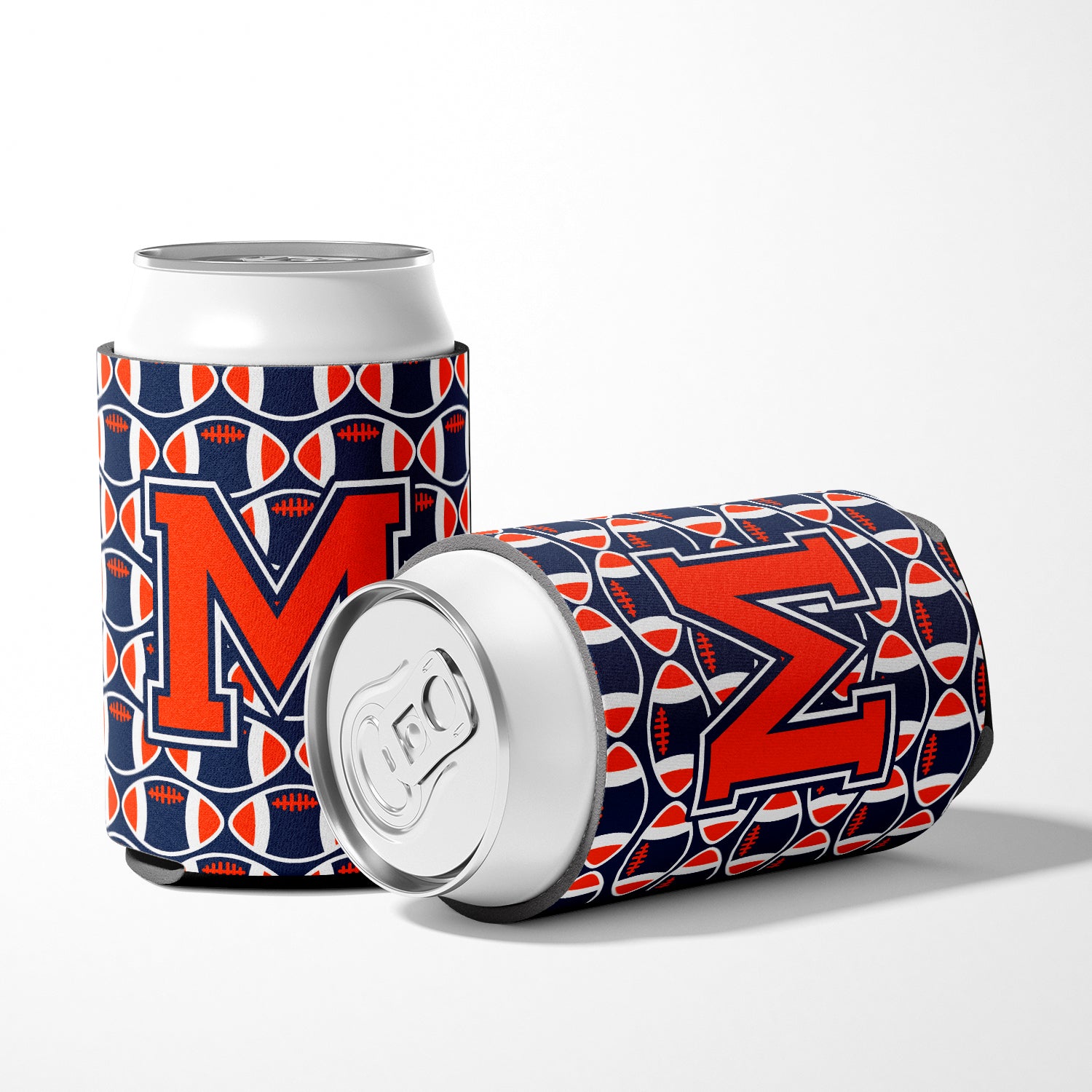 Letter M Football Orange, Blue and white Can or Bottle Hugger CJ1066-MCC.