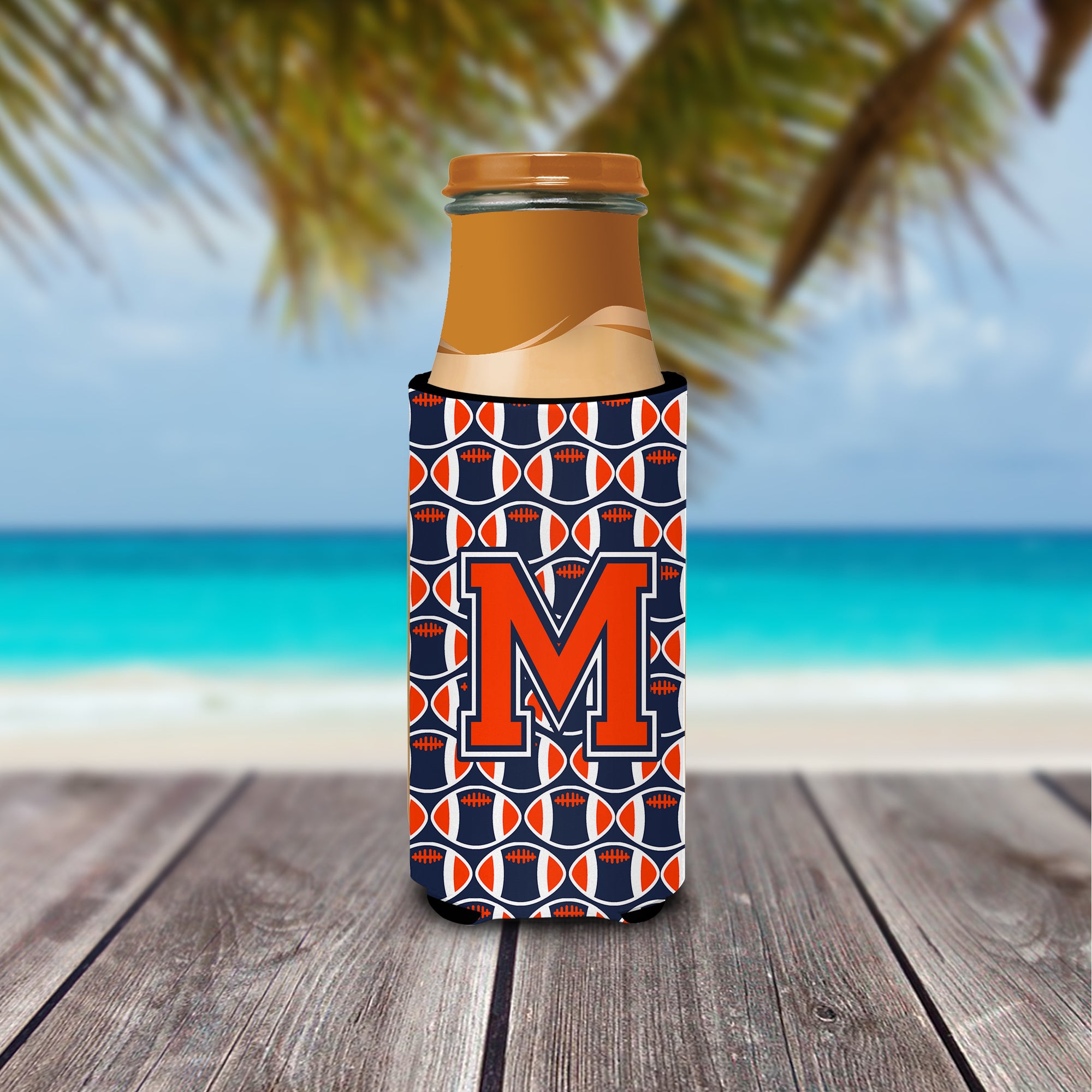 Letter M Football Orange, Blue and white Ultra Beverage Insulators for slim cans CJ1066-MMUK.