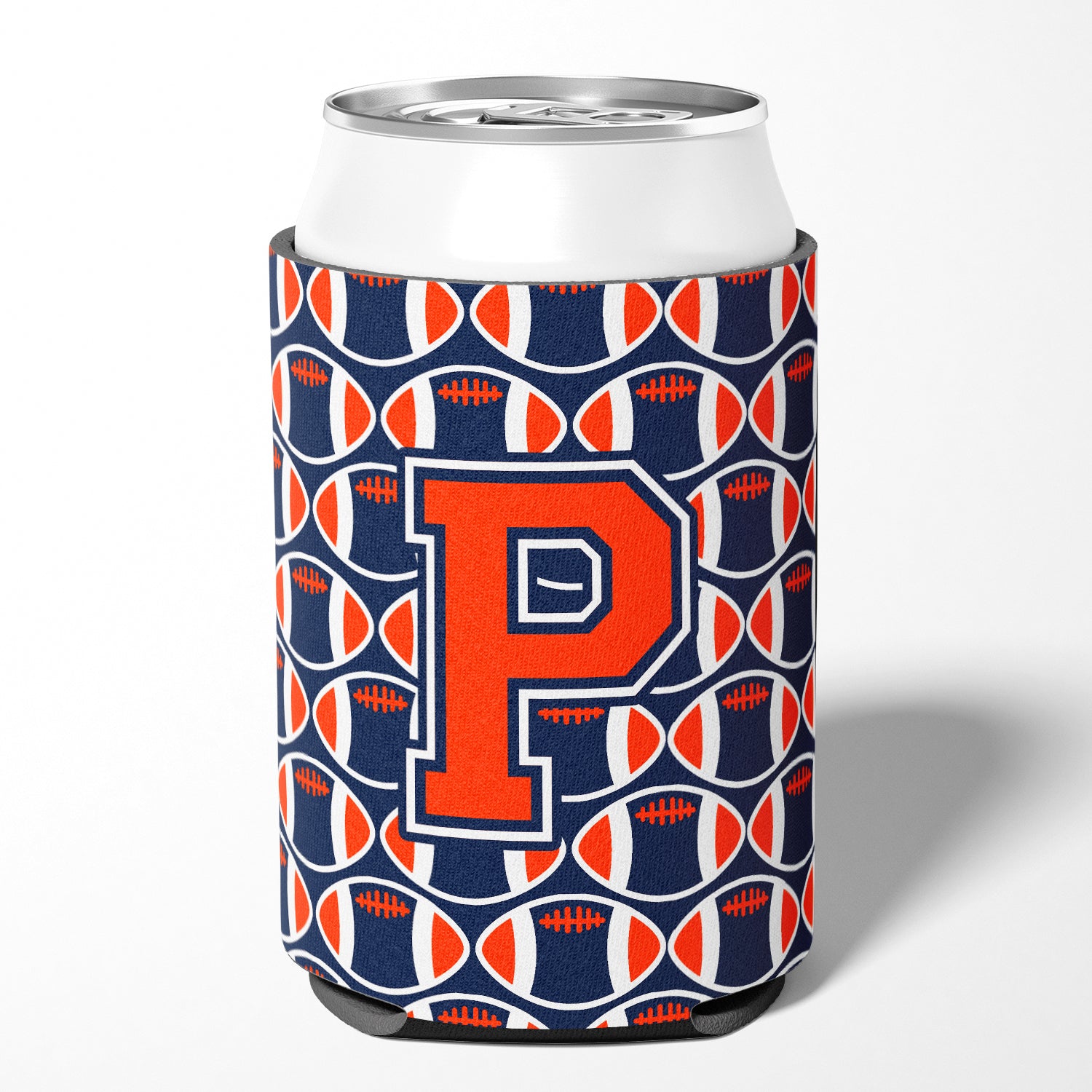 Letter P Football Orange, Blue and white Can or Bottle Hugger CJ1066-PCC.