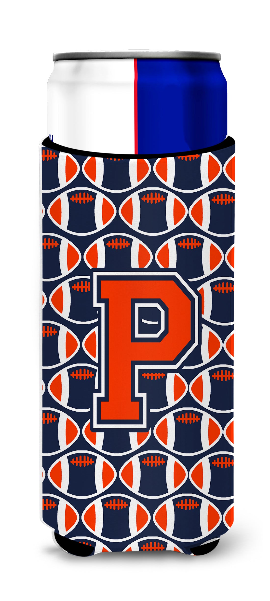 Letter P Football Orange, Blue and white Ultra Beverage Insulators for slim cans CJ1066-PMUK.