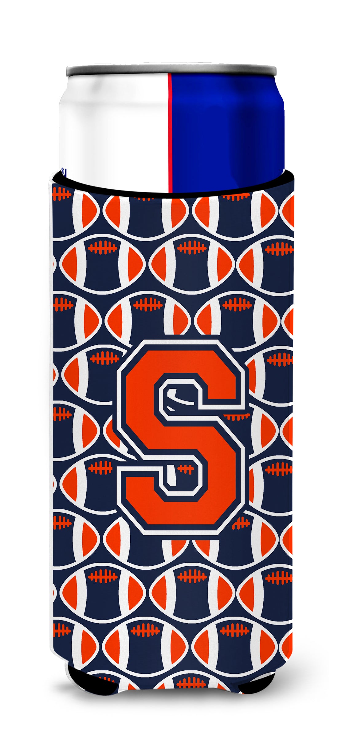 Letter S Football Orange, Blue and white Ultra Beverage Insulators for slim cans CJ1066-SMUK.