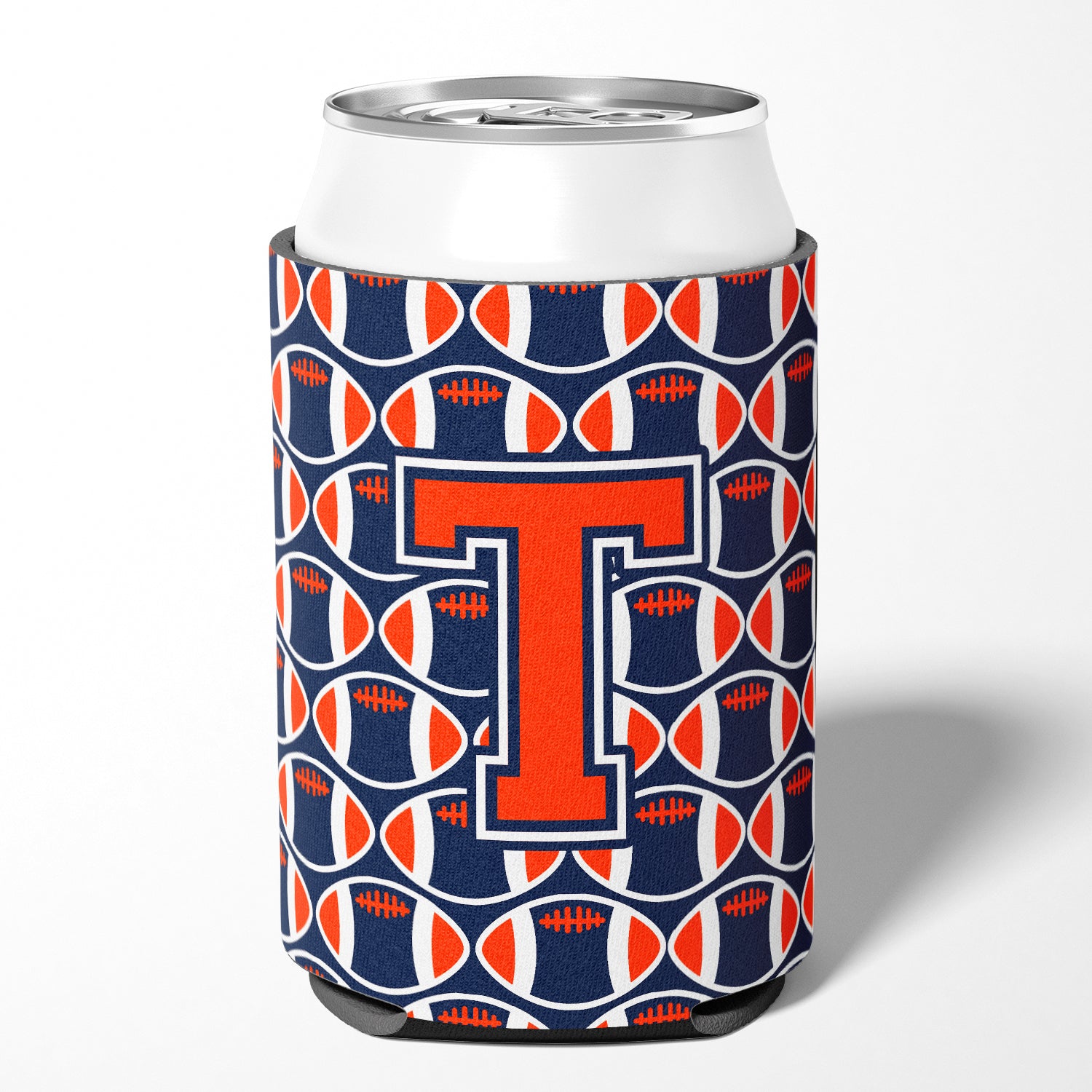 Letter T Football Orange, Blue and white Can or Bottle Hugger CJ1066-TCC.