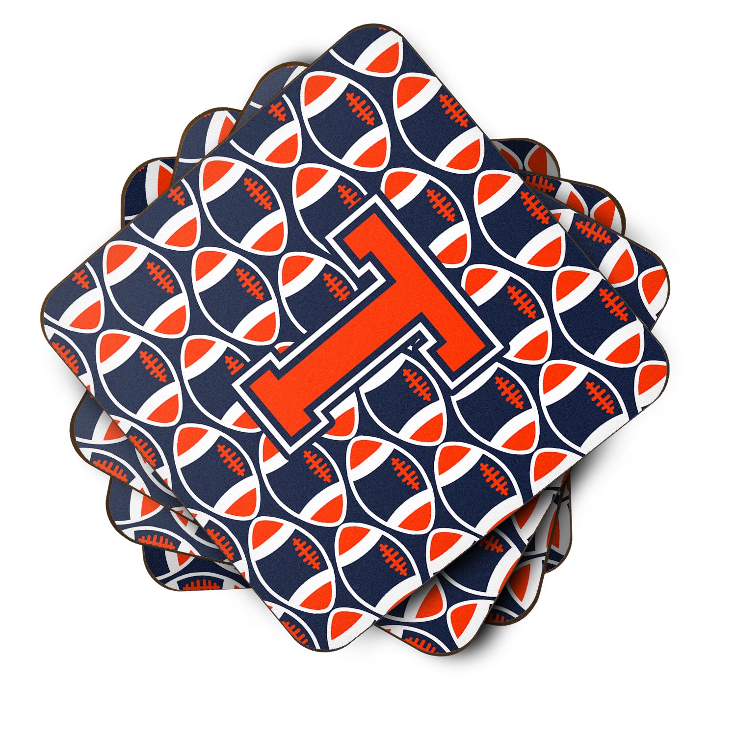 Letter T Football Orange, Blue and white Foam Coaster Set of 4 CJ1066-TFC - the-store.com