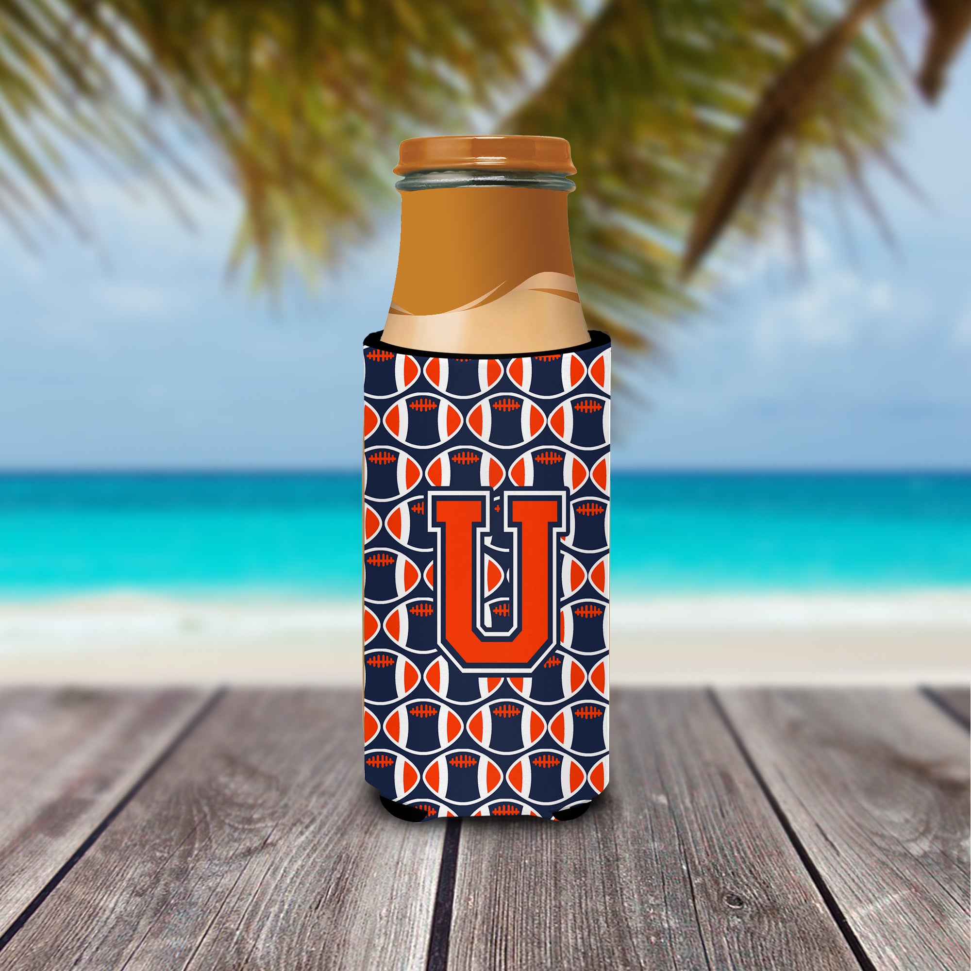 Letter U Football Orange, Blue and white Ultra Beverage Insulators for slim cans CJ1066-UMUK.
