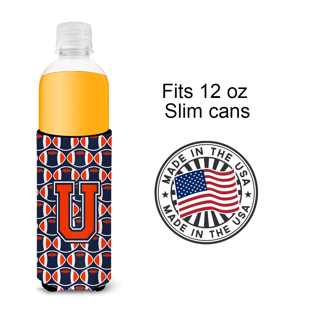 Letter U Football Orange, Blue and white Ultra Beverage Insulators for slim cans CJ1066-UMUK.