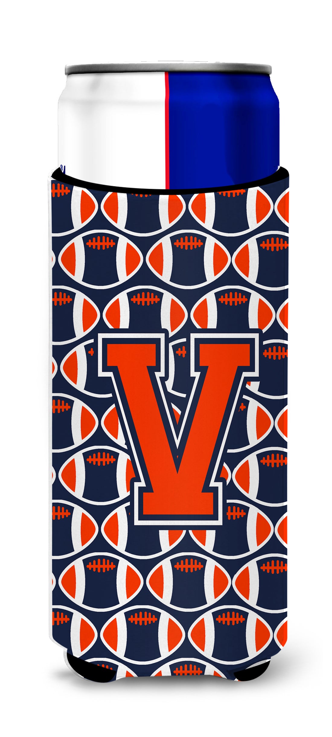 Letter V Football Orange, Blue and white Ultra Beverage Insulators for slim cans CJ1066-VMUK.