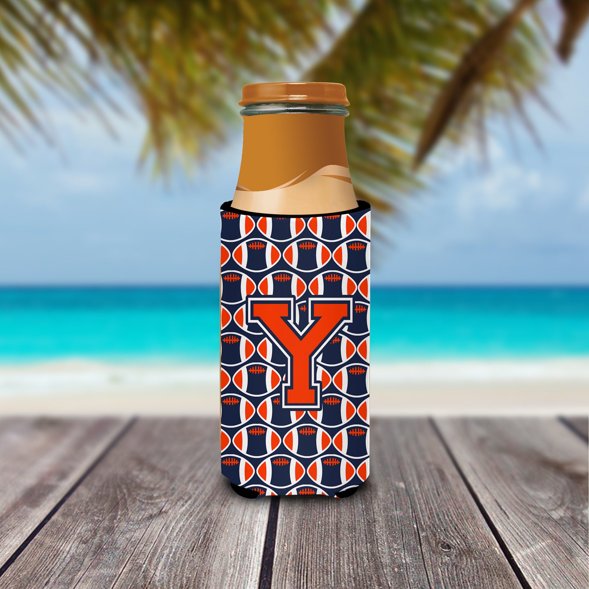 Letter Y Football Orange, Blue and white Ultra Beverage Insulators for slim cans CJ1066-YMUK.