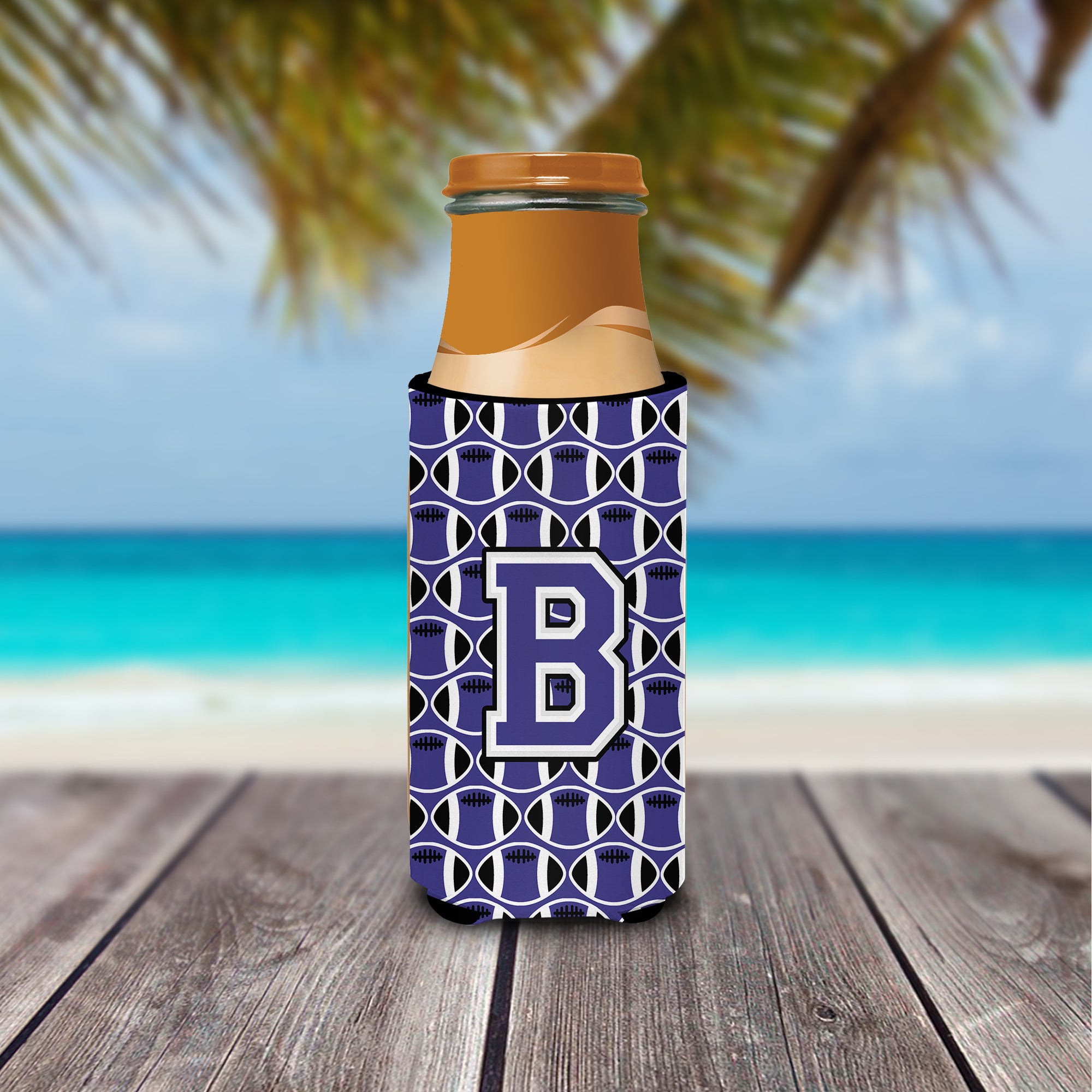 Letter B Football Purple and White Ultra Beverage Insulators for slim cans CJ1068-BMUK.