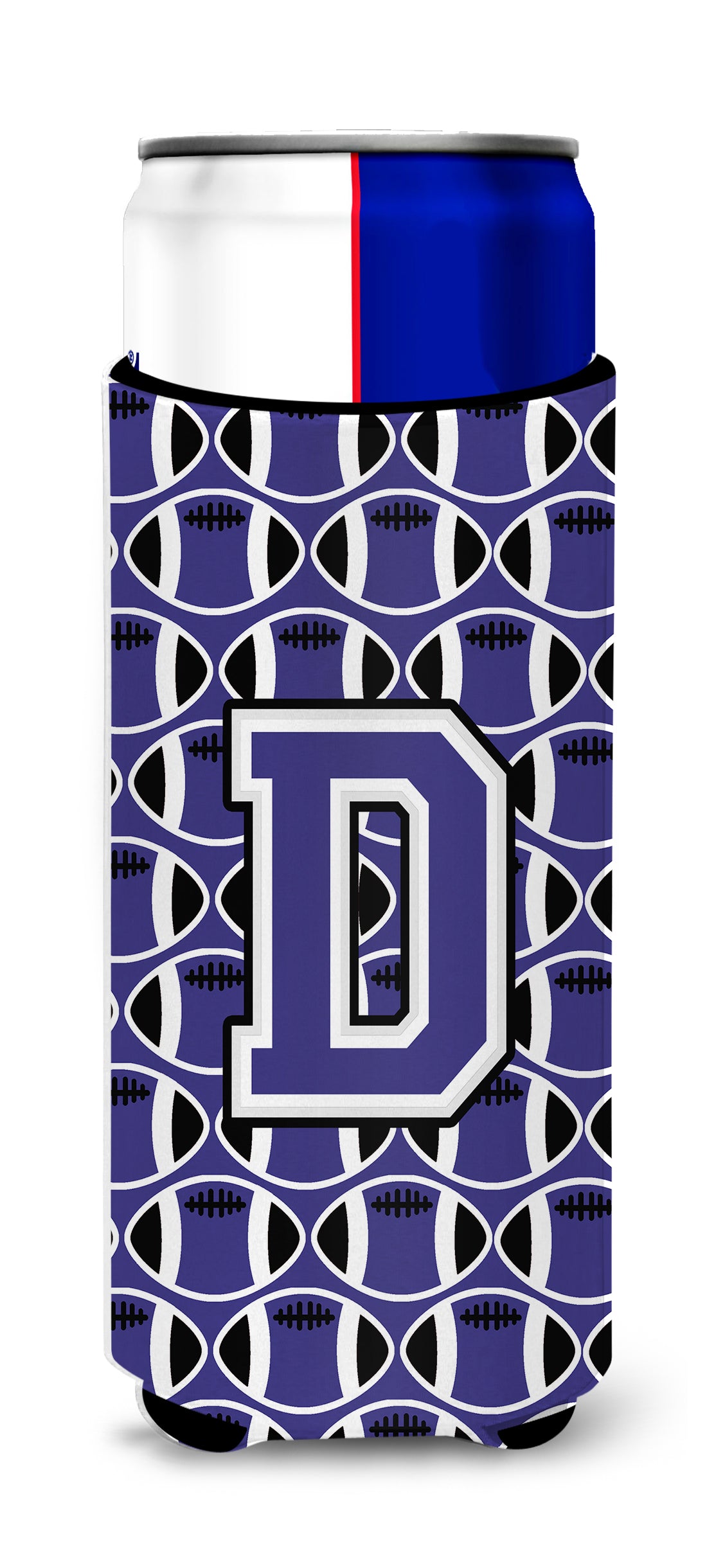 Letter D Football Purple and White Ultra Beverage Insulators for slim cans CJ1068-DMUK.