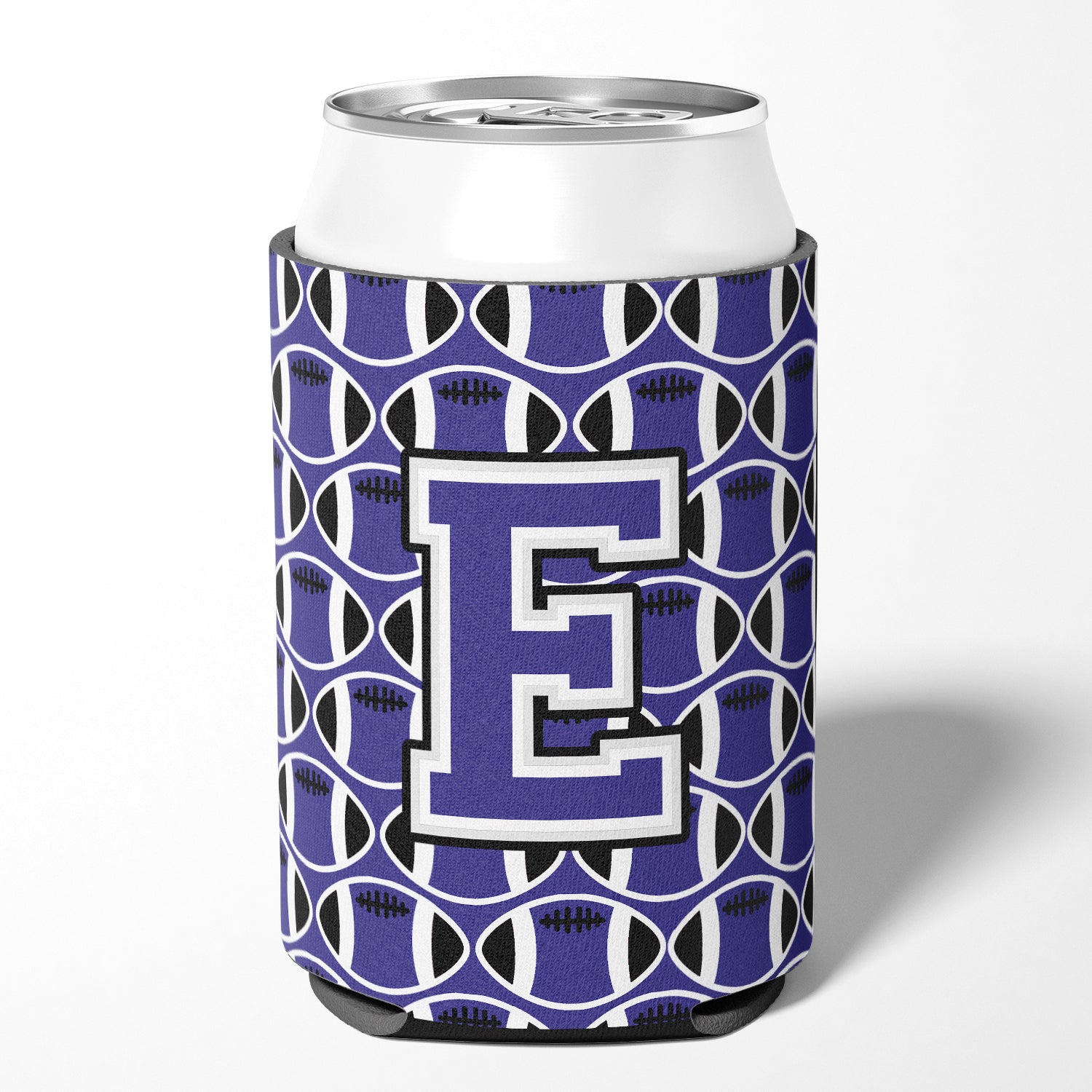 Letter E Football Purple and White Can or Bottle Hugger CJ1068-ECC.