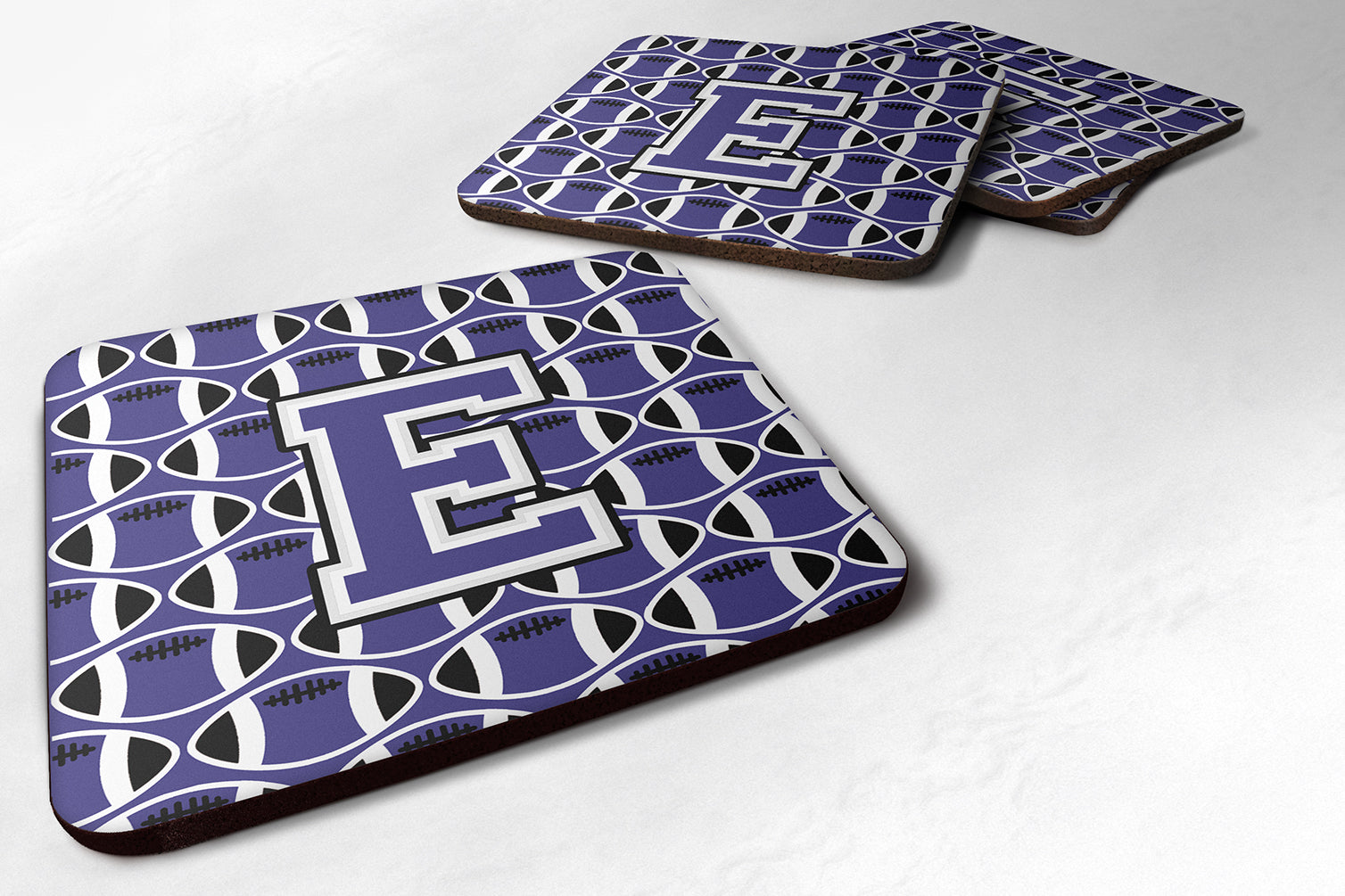 Letter E Football Purple and White Foam Coaster Set of 4 CJ1068-EFC - the-store.com