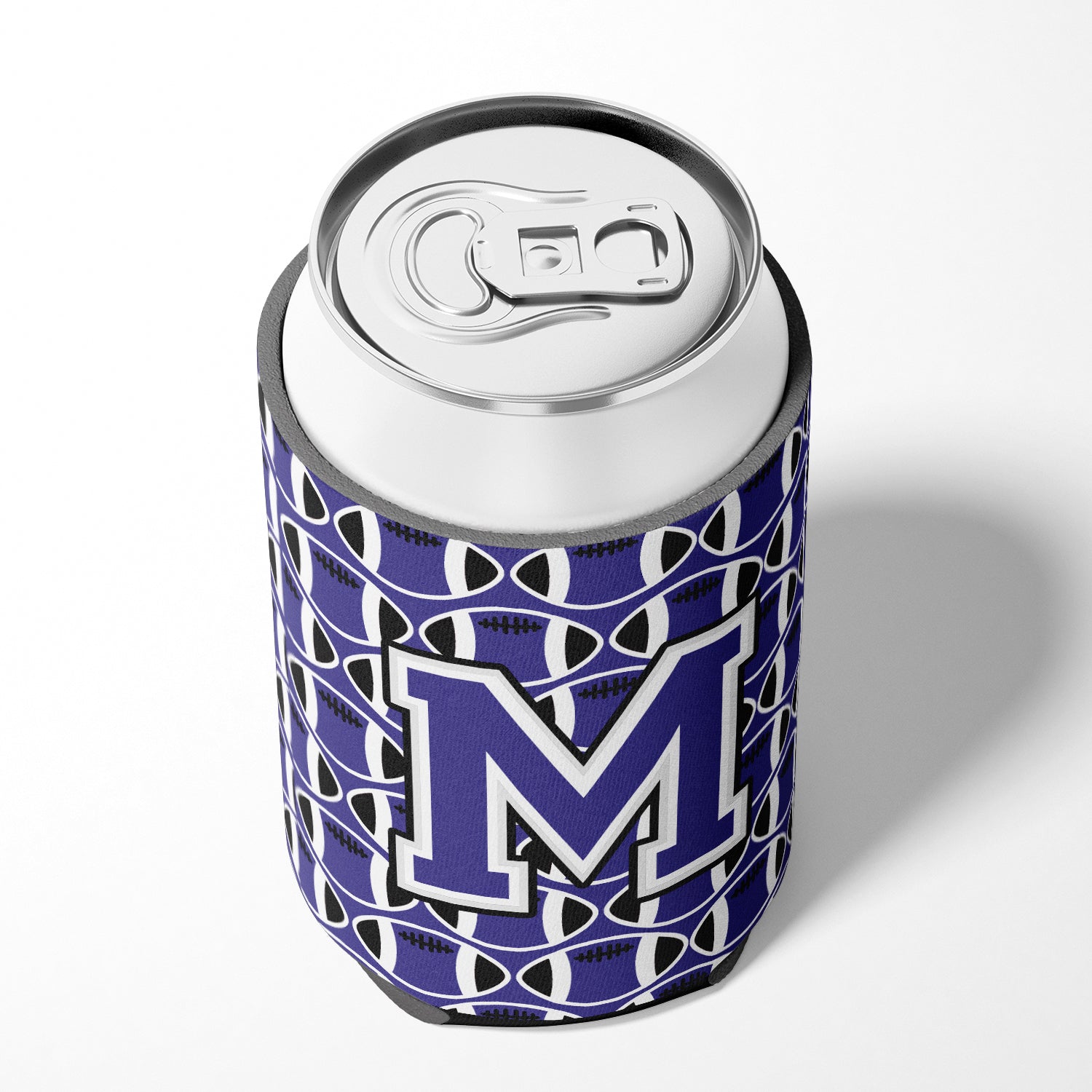 Letter M Football Purple and White Can or Bottle Hugger CJ1068-MCC.