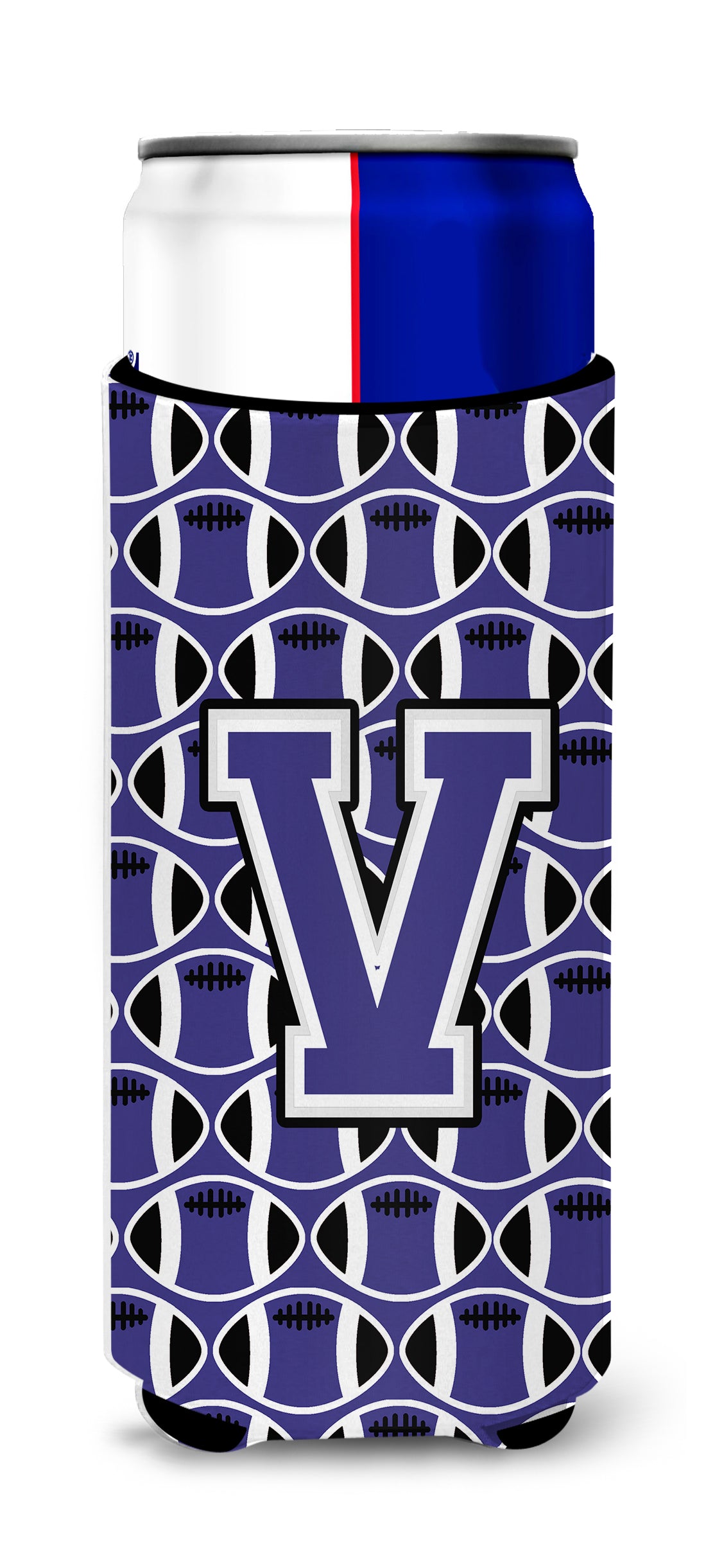 Letter V Football Purple and White Ultra Beverage Insulators for slim cans CJ1068-VMUK.