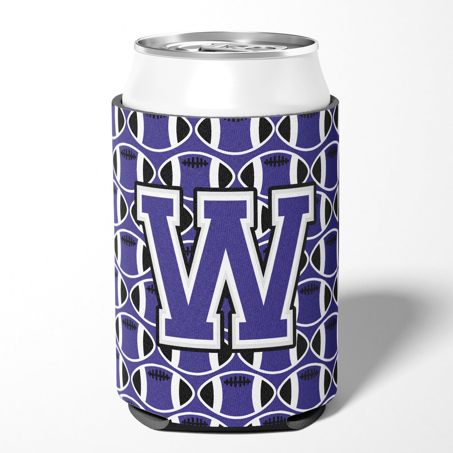 Letter W Football Purple and White Can or Bottle Hugger CJ1068-WCC.